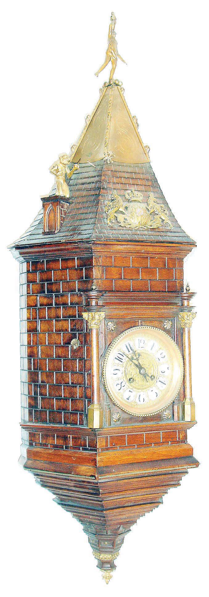 Swiss, with French spring wound pendulum movement, castle style automaton, with monkey appearing as a conductor, moving his arm to indicate the striking of the gong; c1875 — Antique Clocks Price Guide