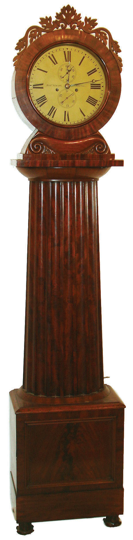Robert Strang., Alloa., Scotland, tall clock, 8 days, time and gong strike, weight driven movement in a mahogany and crotch mahogany fluted hollow column case with round head, flower petal feet, foliate fretwork and painted round iron dial, c1840 — Antique Clocks Price Guide