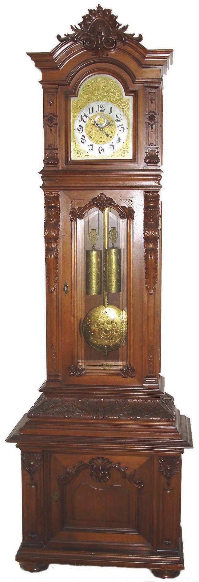 Austrian, Long Duration, floor standing "Vienna Regulator", 2-weight, time and strike, with an engraved arched dial, and with matching engraved weights, pendulum and pulleys, appearing to run and strike for 9 to 12 months on a single wind, c1890. — Antique Clocks Price Guide