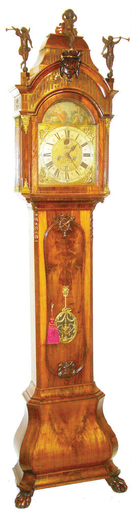 Dutch, Peter Klok, Amsterdam, 2-wt Dutch striking movement, with penny moon and calendar, square brass lower dial with pinned on painted arch, in a mahogany and walnut veneer floor standing case surmounted by 2 carved trumpeters and with atlas in the center, c1760 — Antique Clocks Price Guide