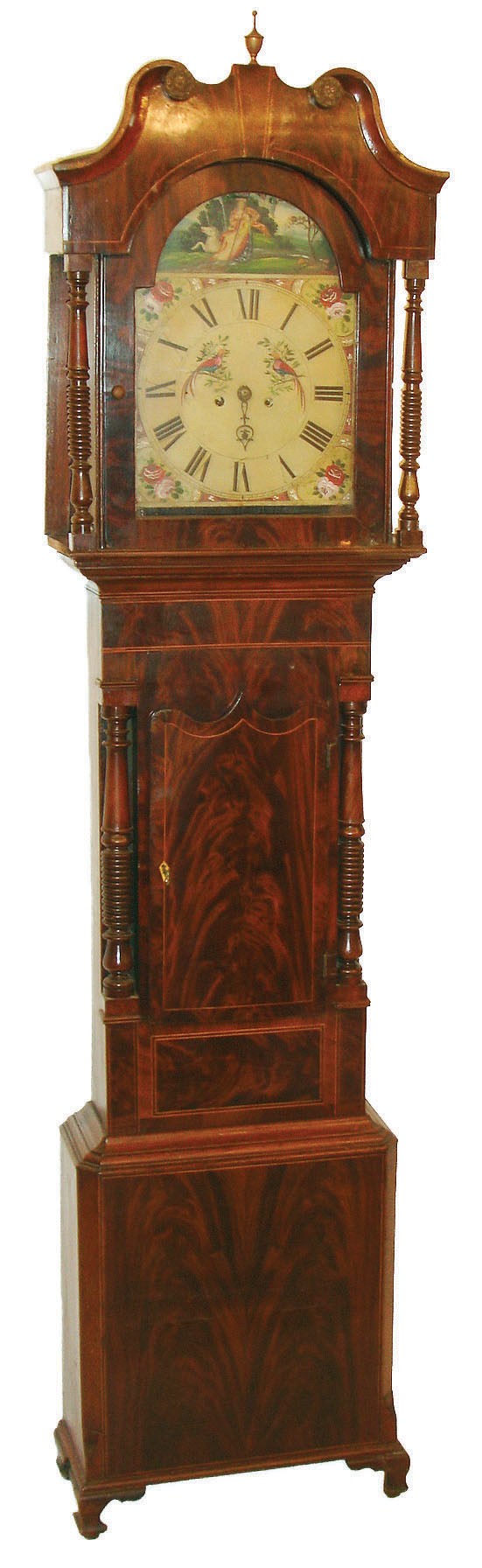 English tall clock, 8 days, time and bell strike, weight driven movement in a mahogany veneer case with painted iron dial, c1840 — Antique Clocks Price Guide