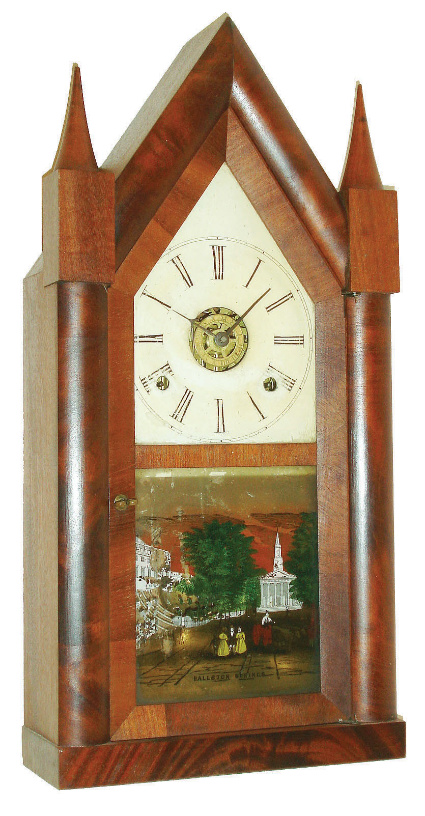 Daniel Pratt &amp; Sons., Reading, Mass., 30 hour, time, strike and alarm sharp gothic or steeple clock.  c.1852 — Antique Clocks Price Guide