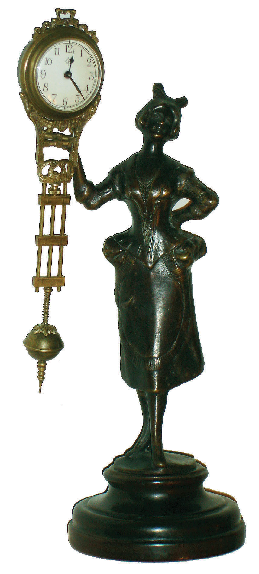 Reproduction, China, of Junghans "Barmaid" 30 hour cast metal swinger clock on wood base, modern — Antique Clocks Price Guide