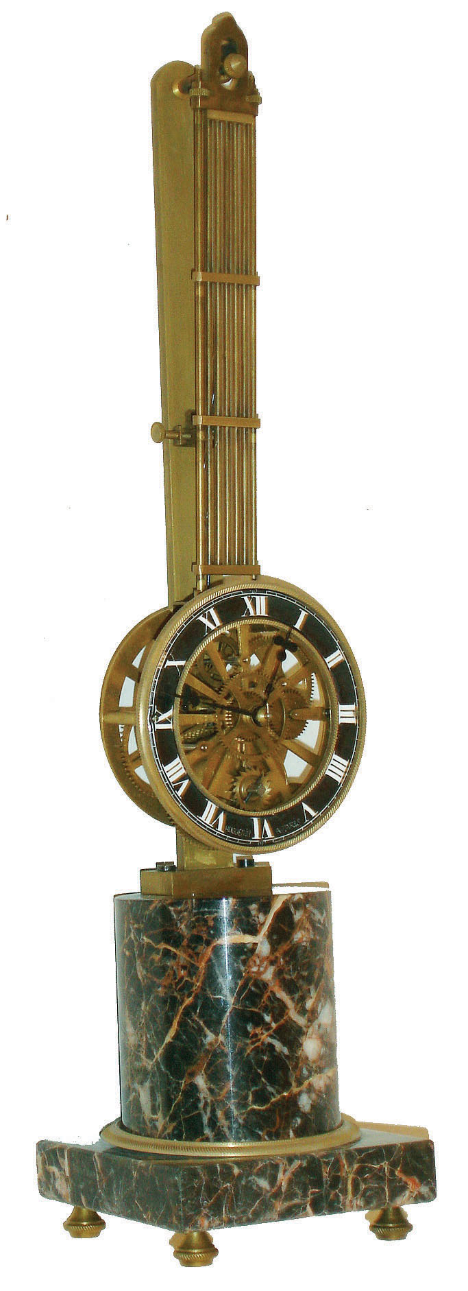 Asian reproduction "Huguenin A Paris" swinging 8 day timepiece on marble base and brass stand including dome and base, c1990 — Antique Clocks Price Guide