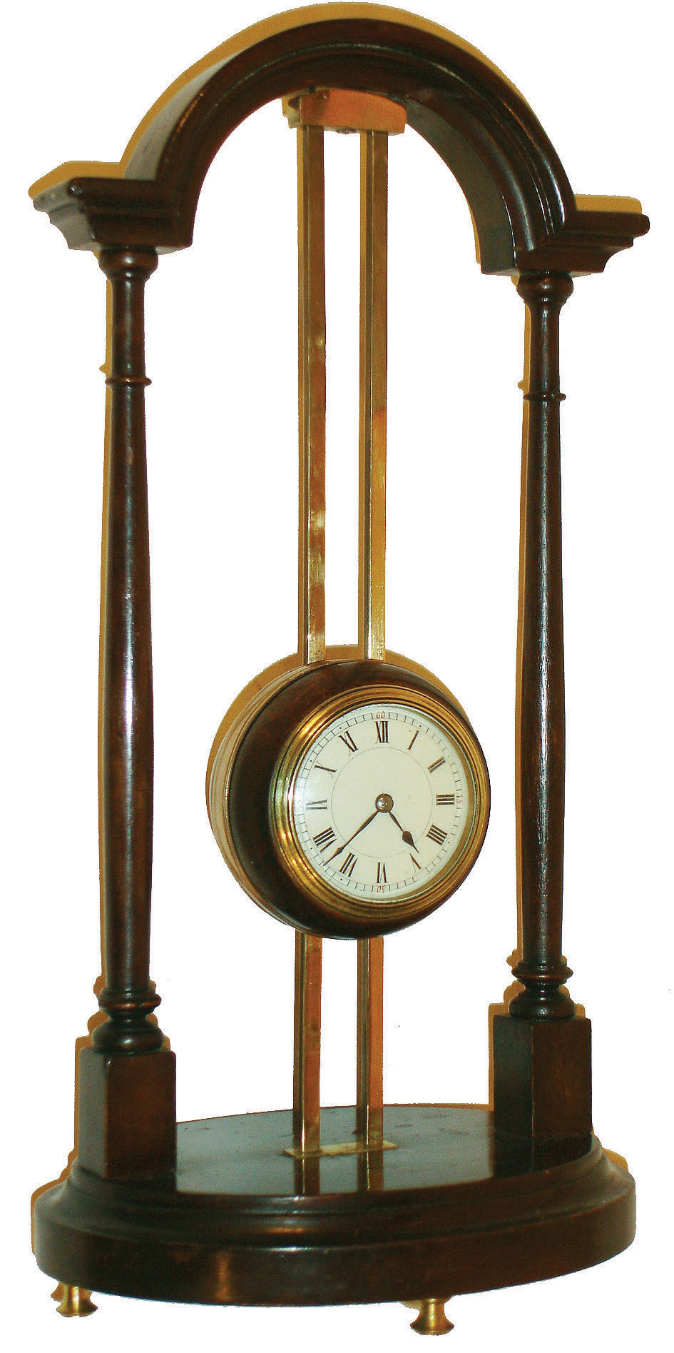 France, gravity clock, 8 day time only movement with lever platform escapement, balance with self starting device attached to winding pinion, Roman numeral, white enamel dial with Arabic red 15 minute markers, blued steel spade and poker hands, all contained in a weighted mahogany case, wound and driven by a brass rack and pinion, supported on a mahogany stand with turned columns and brass feet, c1900 — Antique Clocks Price Guide