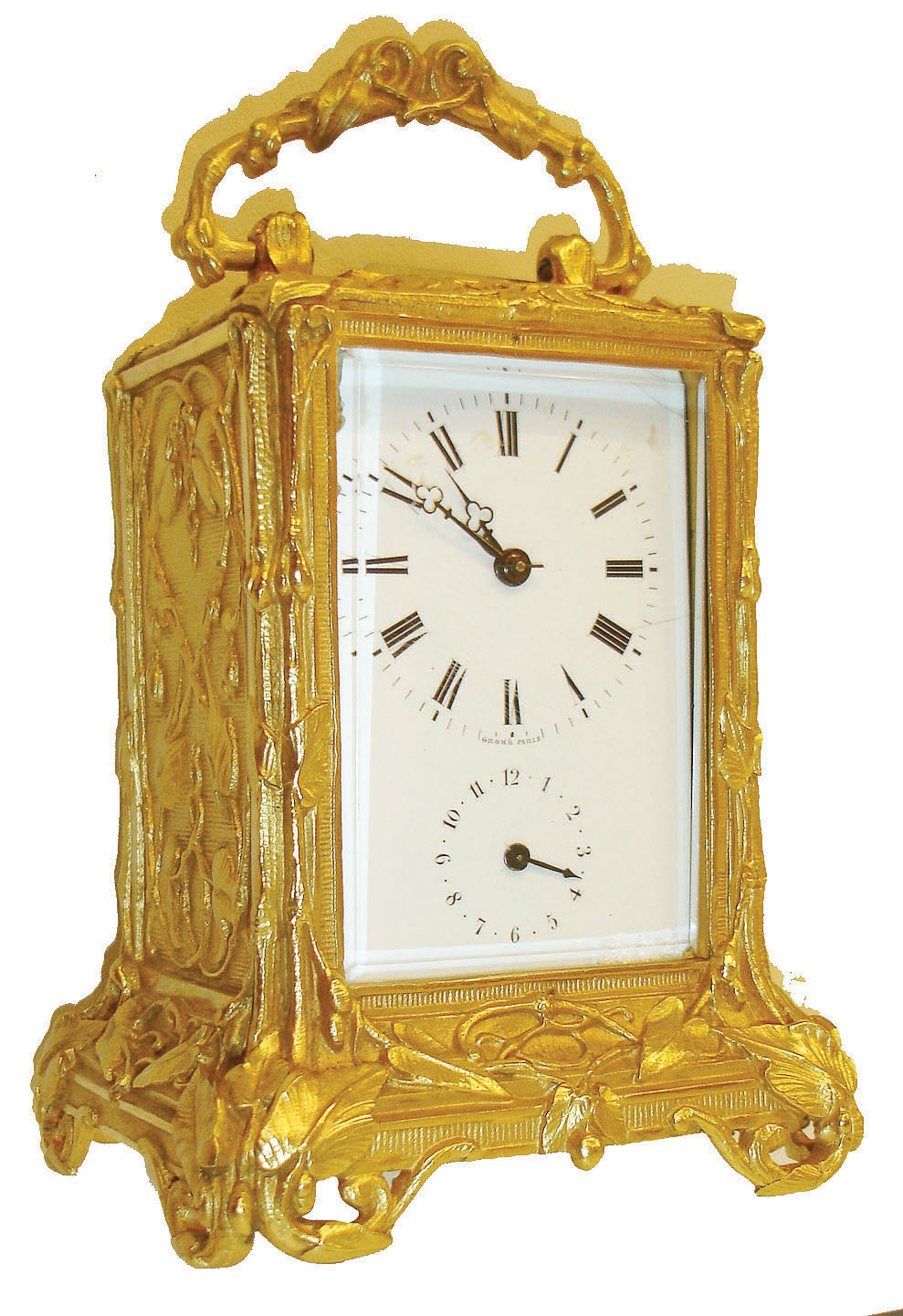 Grohe, Paris, carriage clock, gilt case with naturalistic ornament in the Art Nouveau style, beveled glasses at front and top, Roman numeral white enamel dial signed "Grohe Paris", blued steel trefoil hands, spade style alarm hand, signed 8 day brass time and alarm movement #5210, silvered lever platform, c1885 — Antique Clocks Price Guide