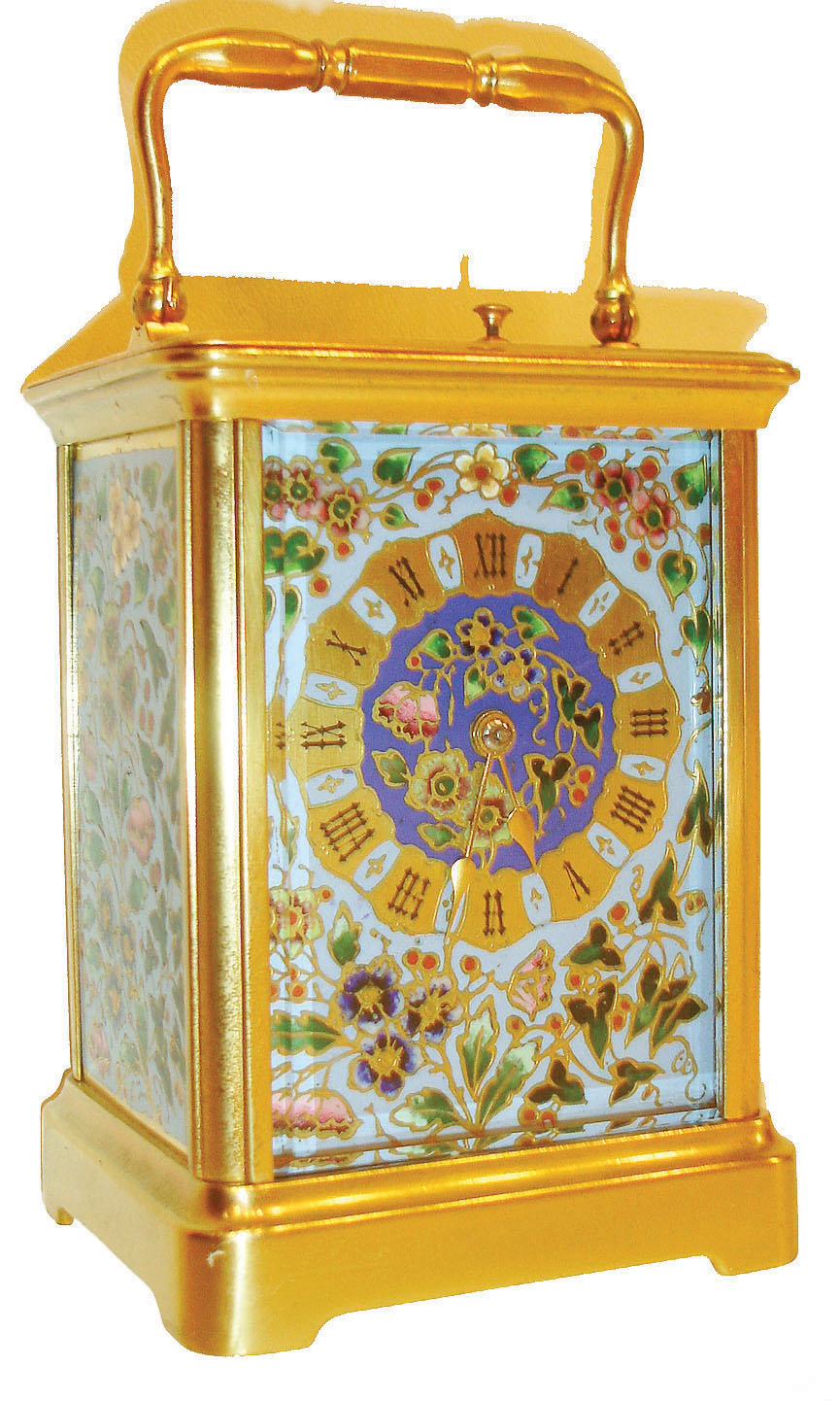 France, carriage clock, Corniche case with beveled glass front and back, champleve enamel panels an dial, the decoration with colorful leaves and flowers on a turquoise background, Roman numeral dial, the center with darker blue ground, gilt spade style hands, brass 8 day movement striking the hours and half hour in passing, and repeating the hours on demand, silvered lever platform, back plate marked "B" at lower left, c1880 — Antique Clocks Price Guide