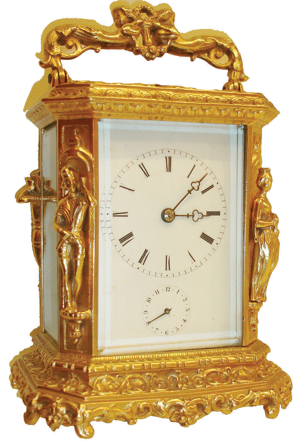 Japy Freres &amp; Cie., France, carriage clock, the gilt Caryatid style case with beveled glasses, ornamented with leaves and trailing vines, figures in niches at the corners, and figural handle, Roman numeral white enamel dial with blued steel trefoil hands, Arabic alarm chapter with blued steel hand, signed 8 day brass time, strike and alarm movement, striking the hours in passing and repeating on demand, silvered lever platform, c1870 — Antique Clocks Price Guide