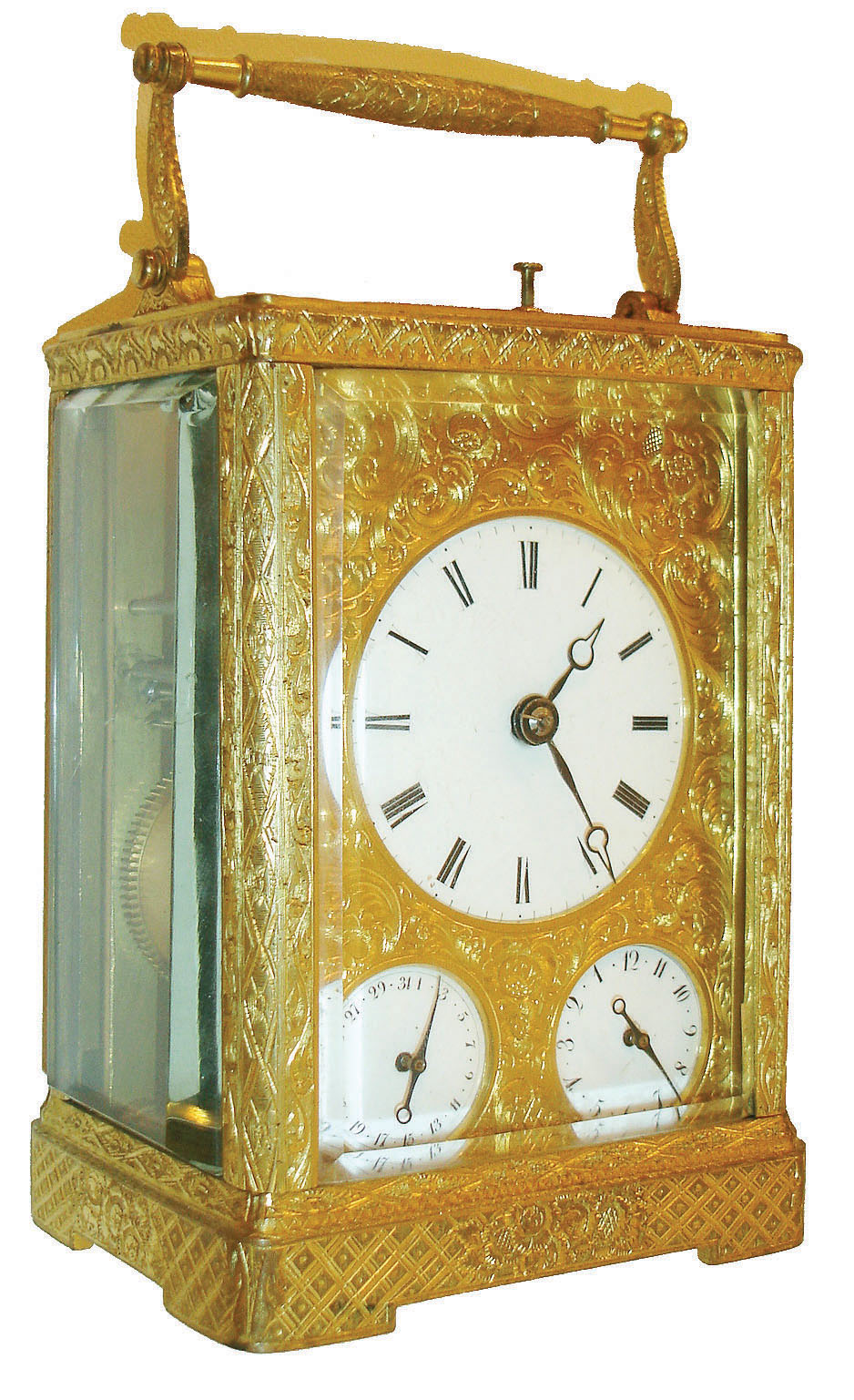 France, for the English market, carriage clock, gilt case and dial mask entirely covered with engraved ornament and set with beveled glasses, the turned handle also engraved, Roman numeral white enamel dial shows the time, above Arabic numeral dials for alarm and calendar displays, blued steel Breguet style hands, week going brass movement with engraved back plate, striking grand and petit sonnerie on two bells, the striking without dead blow between hours and quarters, lever for selection of strike mode on back plate, and with alarm and date, gilt lever platform with engraved balance cock and steel balance, center arbor with ratchet and click to prevent turning the hands backward, back plate marked 1846 15 12, c1850 — Antique Clocks Price Guide