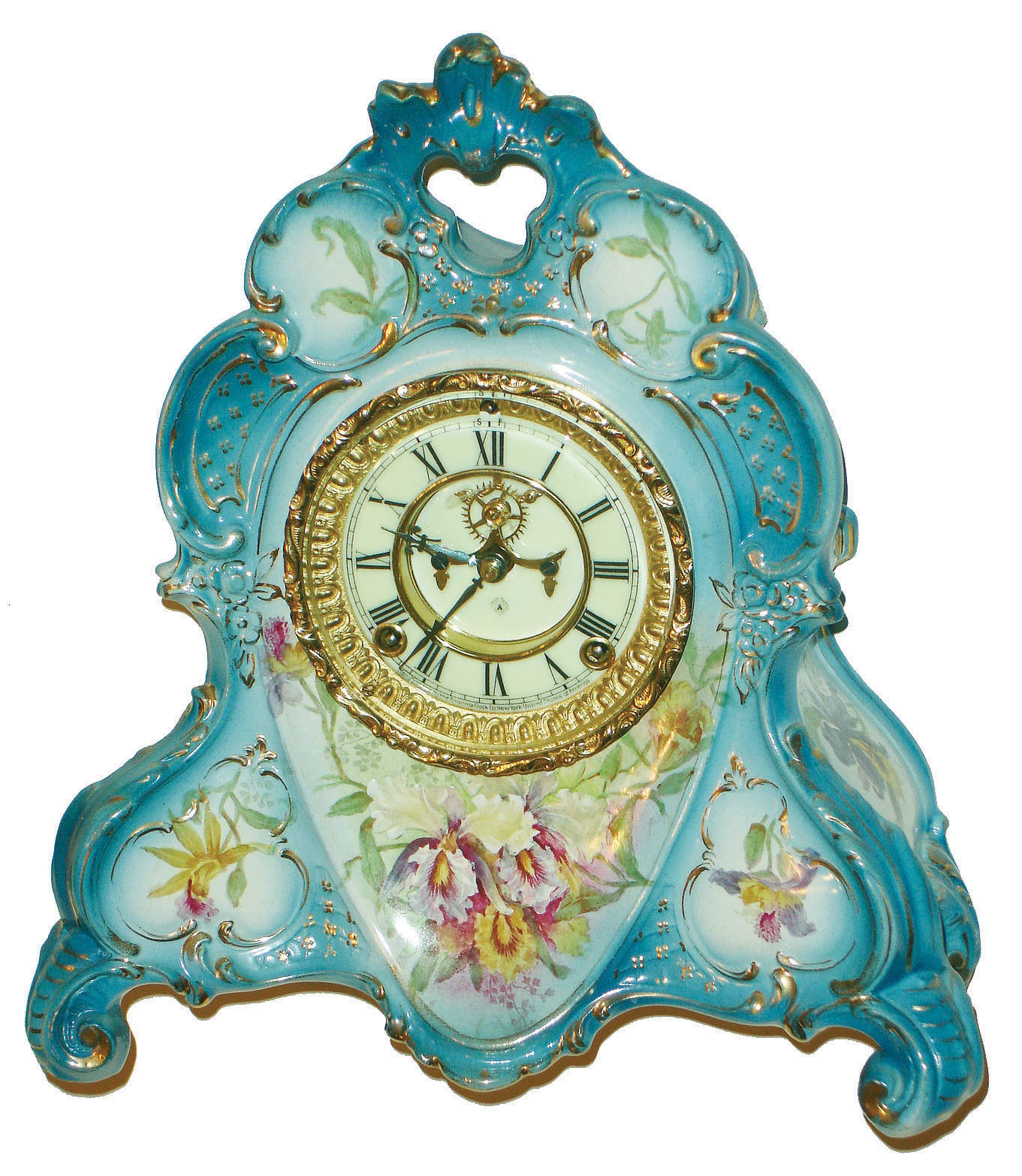 Ansonia Clock Co., New York, Royal Bonn "La Roche" porcelain 8 day time and strike mantel clock, visible escapement, c1901 — Antique Clocks Price Guide