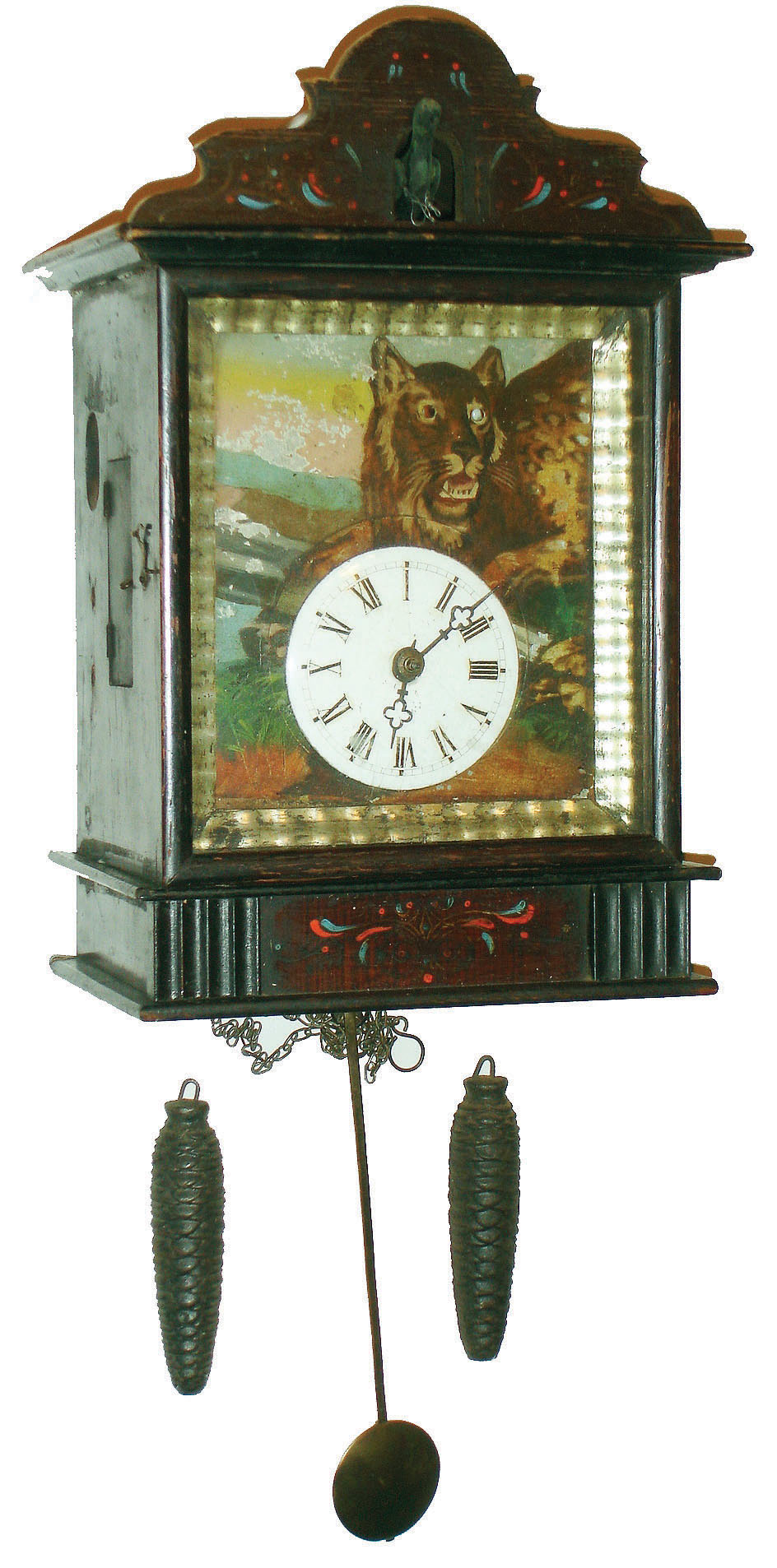 German Black Forest, PHS,  "Augenwender" moving eyes and cuckoo two weight 30-hour painted wood wall clock, c1850 — Antique Clocks Price Guide