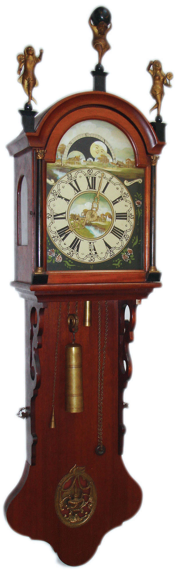 Dutch, Staartklok, reproduction mahogany 30 hour hanging clock with alarm, calendar and moon dial, c1990 — Antique Clocks Price Guide