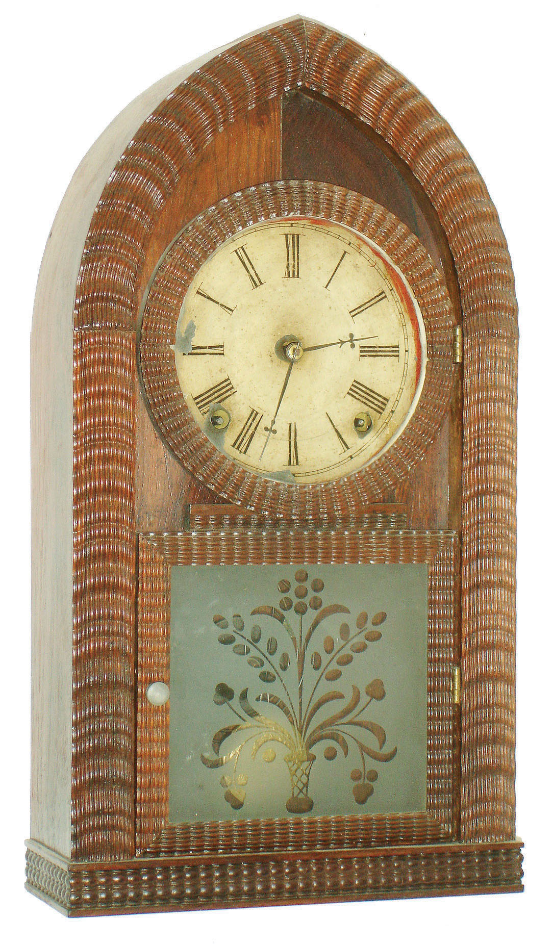 Forestville Manufacturing Co., (J.C. Brown), Forestville, Conn., 8 day, time and strike ripple molding rounding gothic or beehive shelf clock, c1845 — Antique Clocks Price Guide