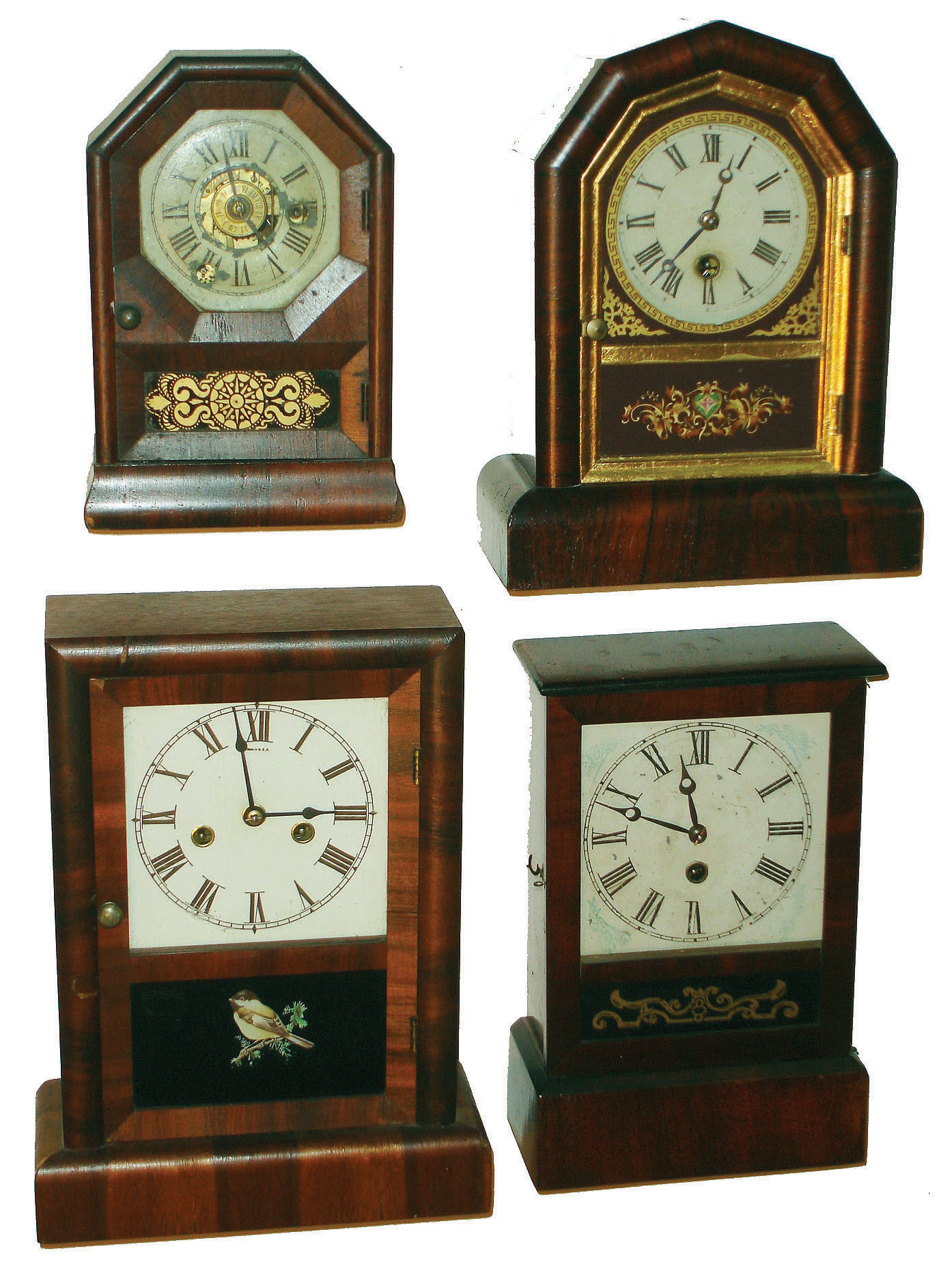 Clocks- 4 (Four) 30 hour Connecticut cottage clocks:  3 by E.N. Welch; 1 by Seth Thomas, c1870 — Antique Clocks Price Guide