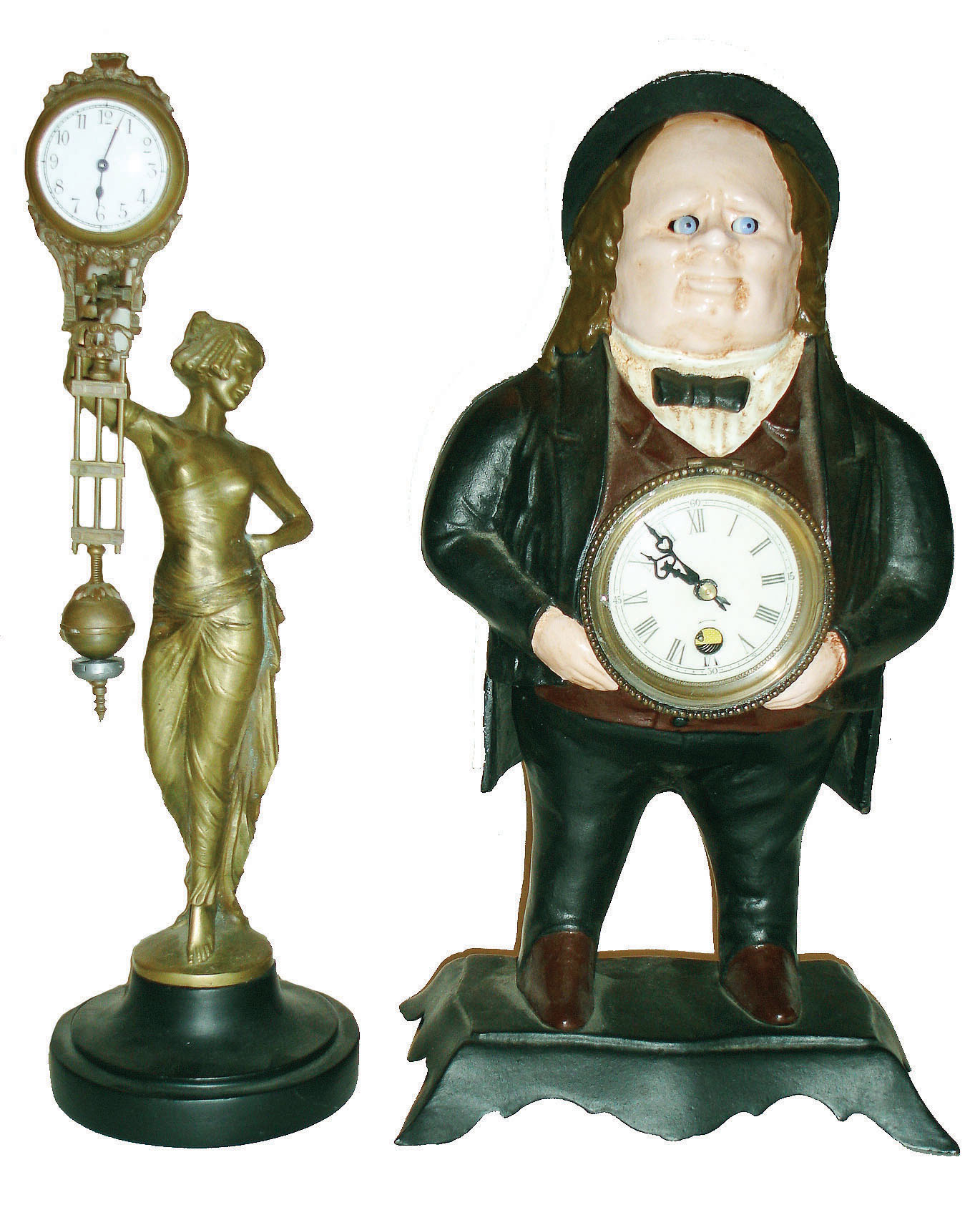 Clocks- 2 (Two) Asian cast metal 30 hour reproduction novelty clocks:  Junghans style figural swinger; John Bull with moving eyes; modern — Antique Clocks Price Guide