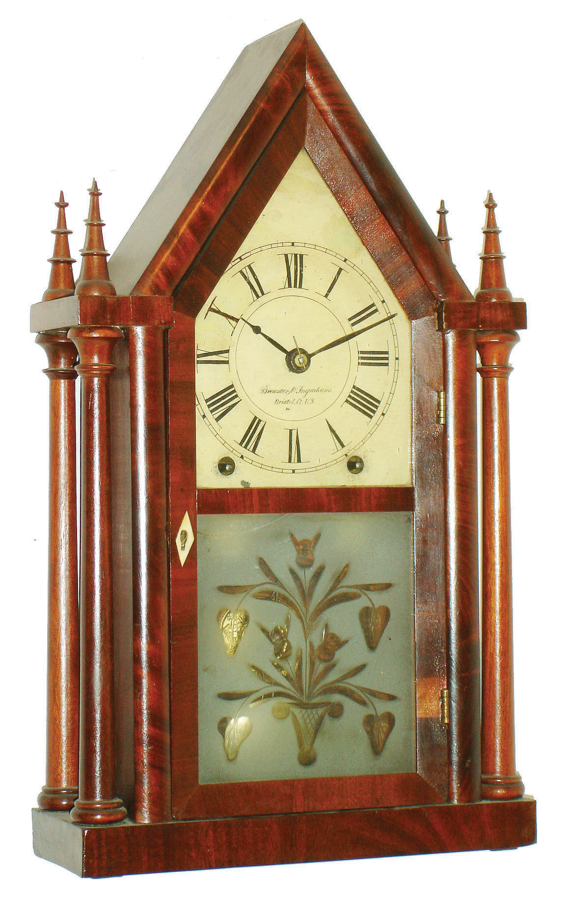 Brewster and Ingrahams, Bristol, Conn., 8 day, time and strike four column sharp Gothic or steeple clock, c1850 — Antique Clocks Price Guide