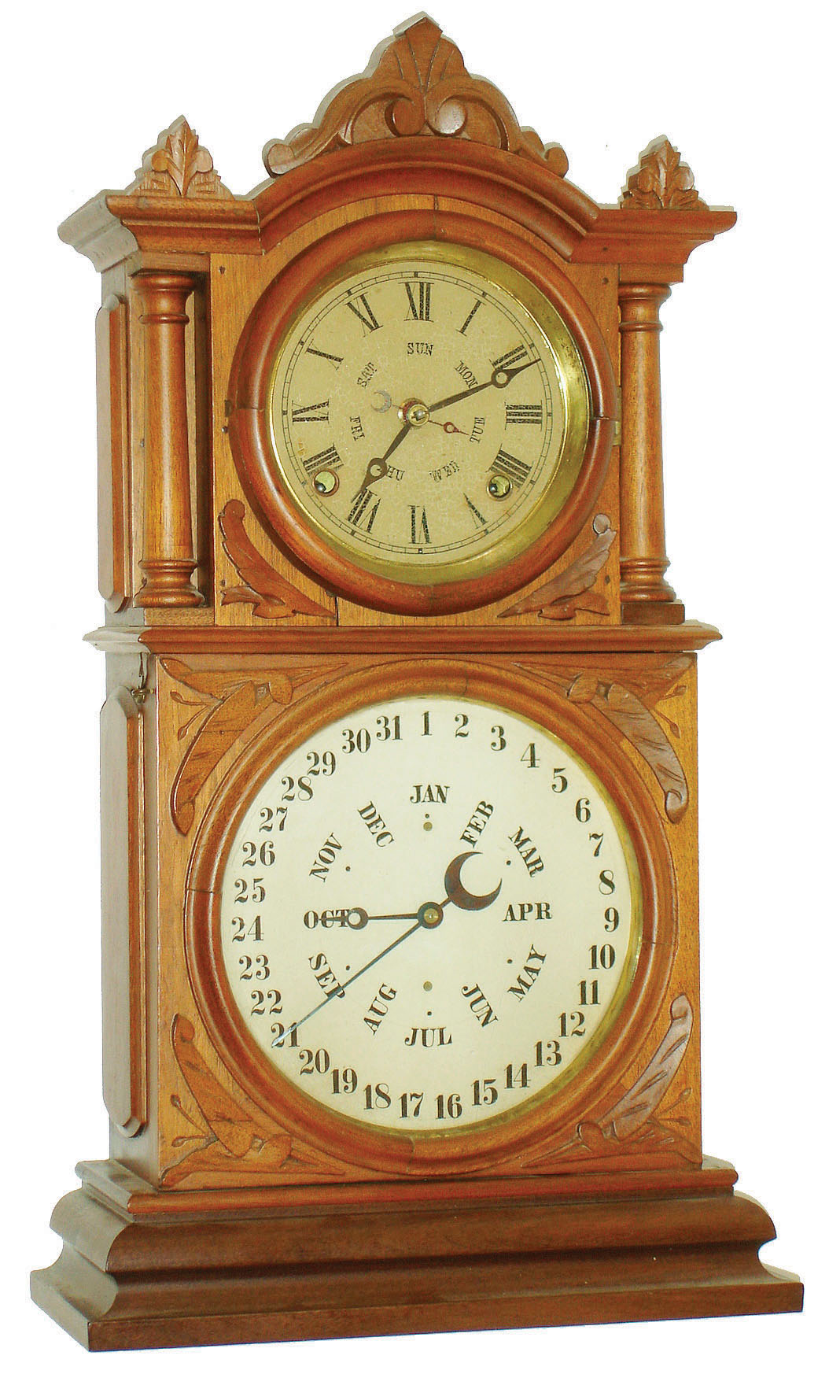 E. Ingraham  &amp; Co., Bristol, Conn., "Ingraham Calendar", 8 day, time and strike double dial calendar clock with a BB Lewis calendar, c1881 — Antique Clocks Price Guide
