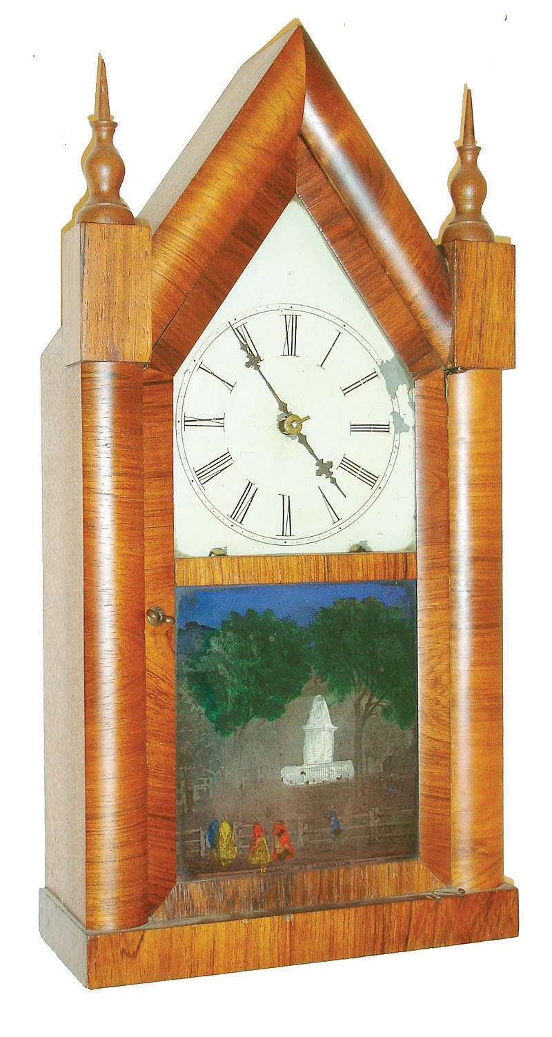 Chauncey Jerome, 8 day time and strike steeple clock with "Monument at Lexington" tablet, c1860 — Antique Clocks Price Guide