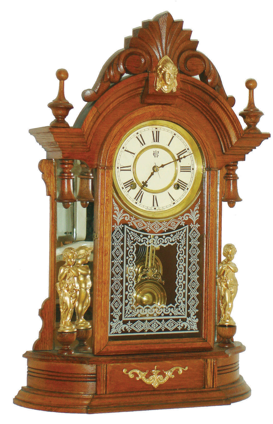 Waterbury Clock Co., Waterbury, Conn., "Oxford", 8 day, time and strike mirror side mantel clock, c1912 — Antique Clocks Price Guide