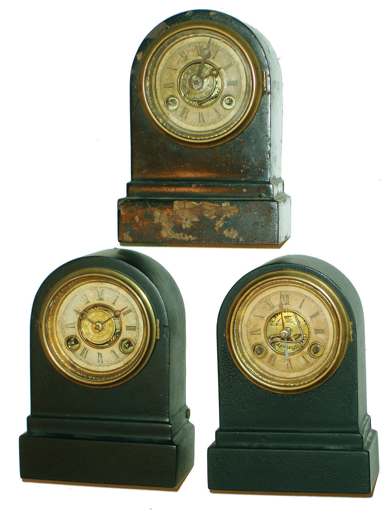 Clocks- 3 (Three)- Terry Clock Co. iron case 30 hour time and alarm small desk clocks, c1870 — Antique Clocks Price Guide