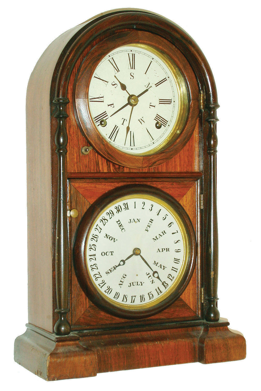 Welch, Spring &amp; Co., Forestville, Conn.,  "Italian No. 3",  8 day time and strike double dial calendar clock, c1870 — Antique Clocks Price Guide