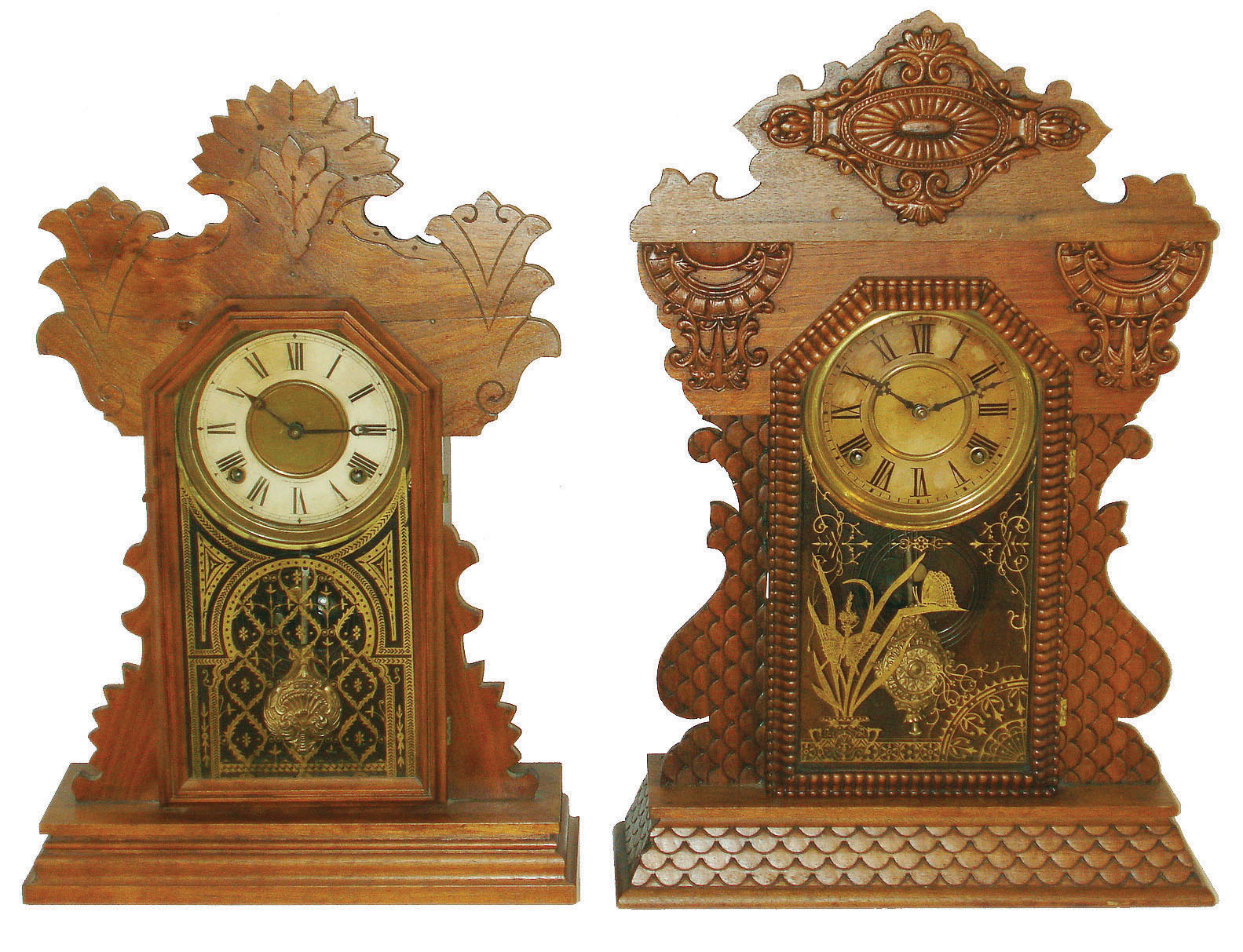 Clocks- 2 (Two) walnut shelf clocks: (1) E.N. Welch Mfg. Co. "Assortment B, No. 7" 8 day time and strike c1900 and (2) E. Ingraham &amp; Co., "Rose", 8 day, time and strike shelf clock, c1896 — Antique Clocks Price Guide