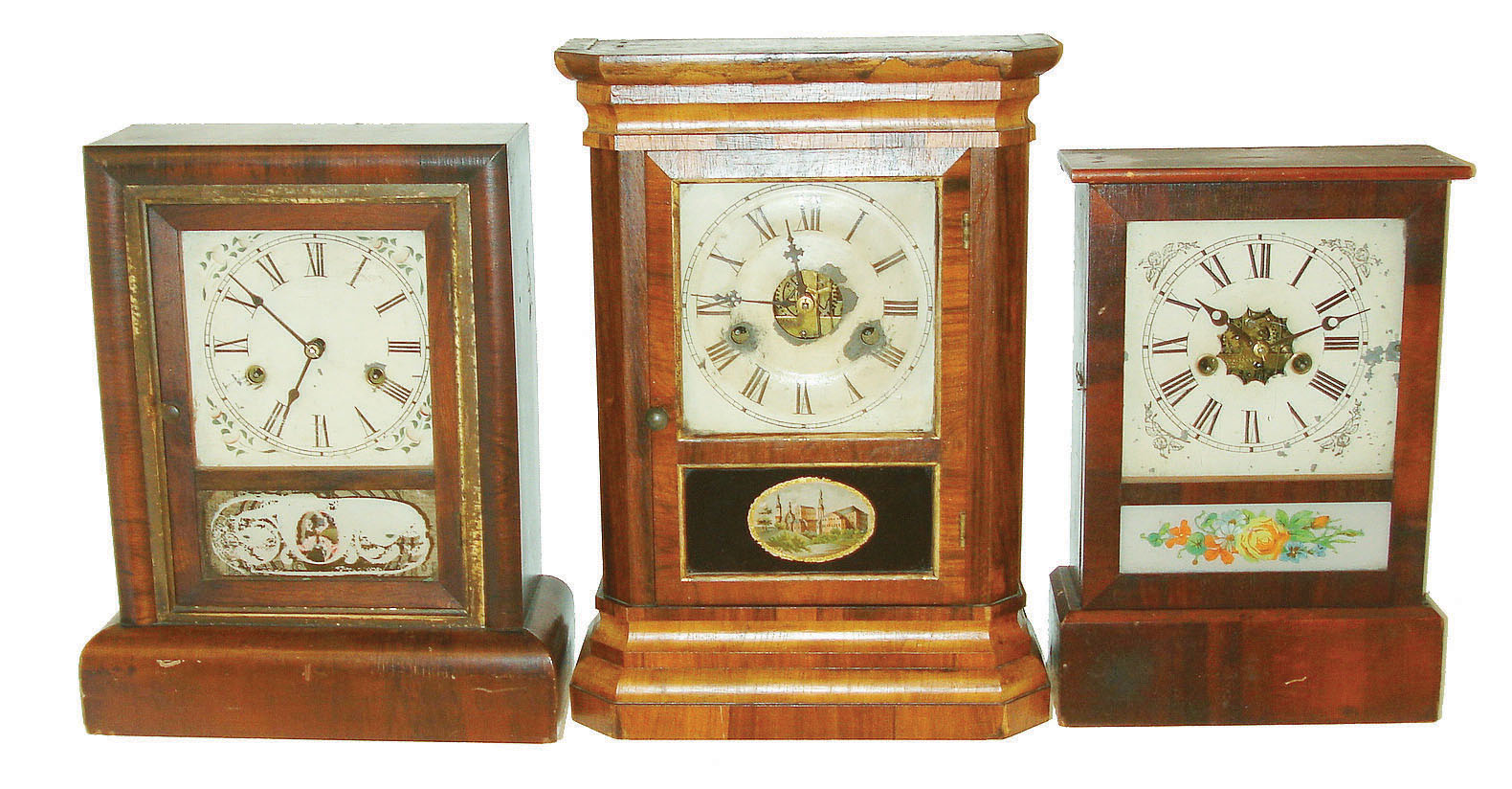 Clocks- 3 (Three): a (1) Welch 30 hour time and strike cottage and (2) a Gilbert 30 hour time and strike cottage and (3) a Seth Thomas 30 hour time and strike small shelf clock. — Antique Clocks Price Guide