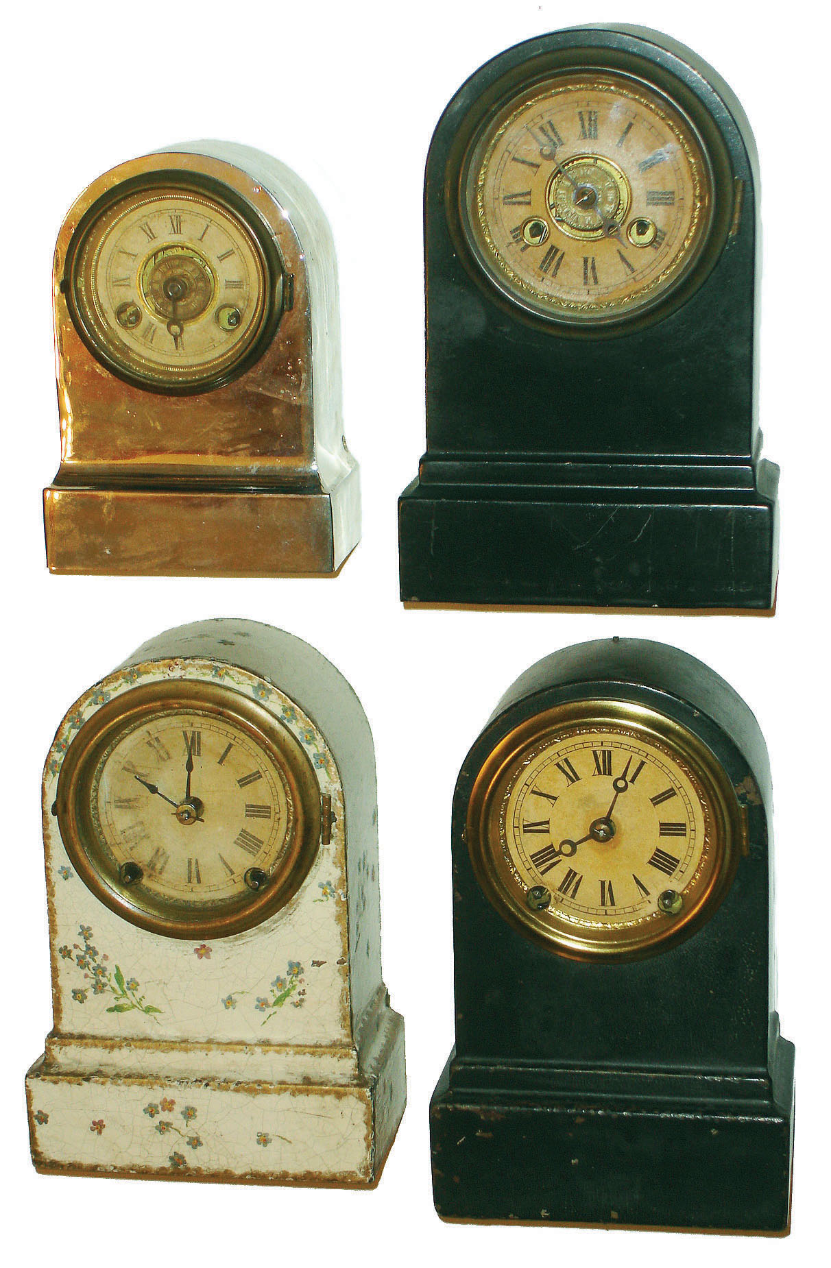 Clocks- 4 (Four) Terry iron 30 hour desk clocks: two black and white painted time and strike; one black time and alarm; one nickel plated time and alarm, c1875 — Antique Clocks Price Guide