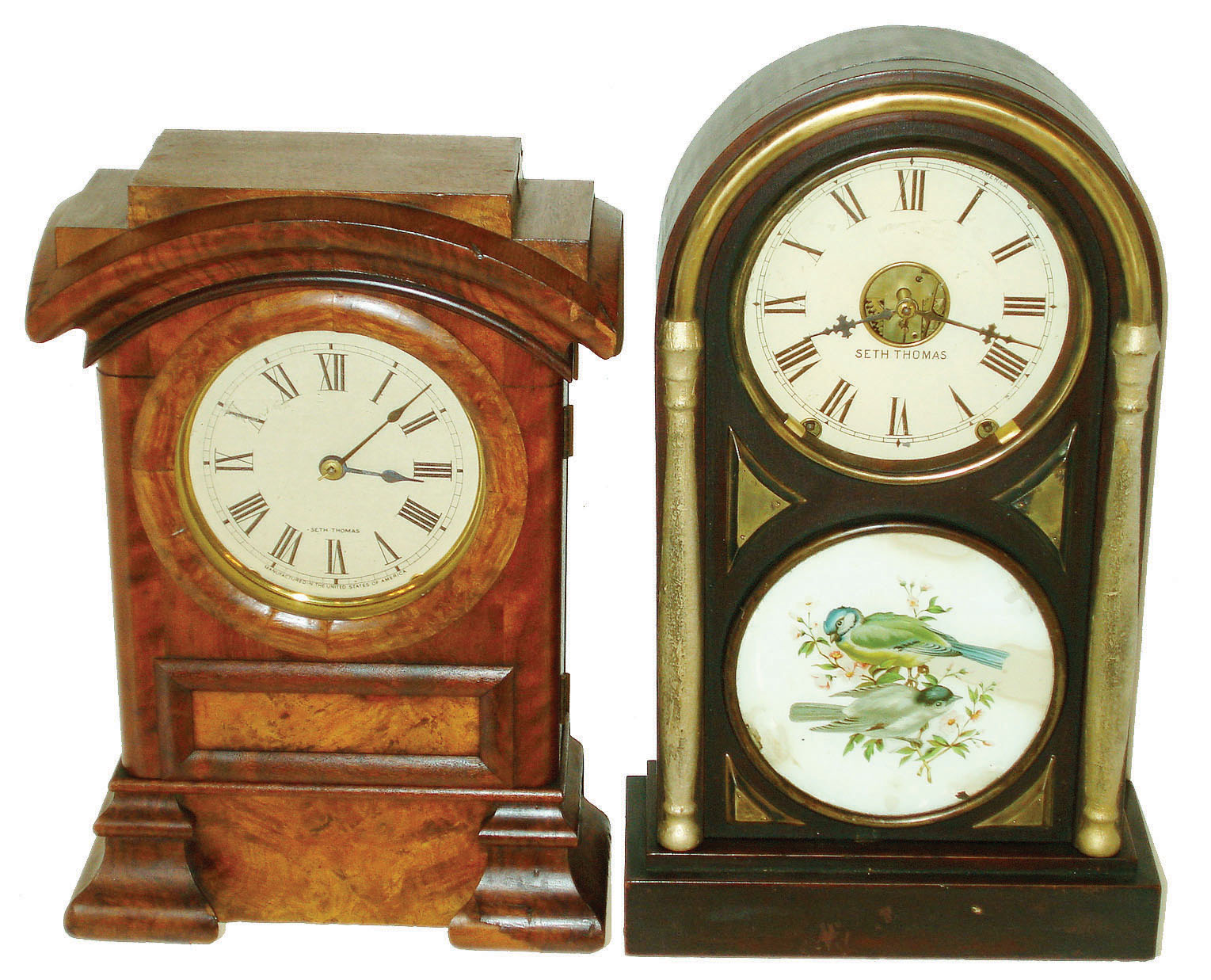 Clocks- 2 (Two) Seth Thomas: (1) 8 day time and strike "Arch Top" shelf clock c1880  (2) 8 day, time and strike "Chicago" city series mantel clock, c1874 — Antique Clocks Price Guide