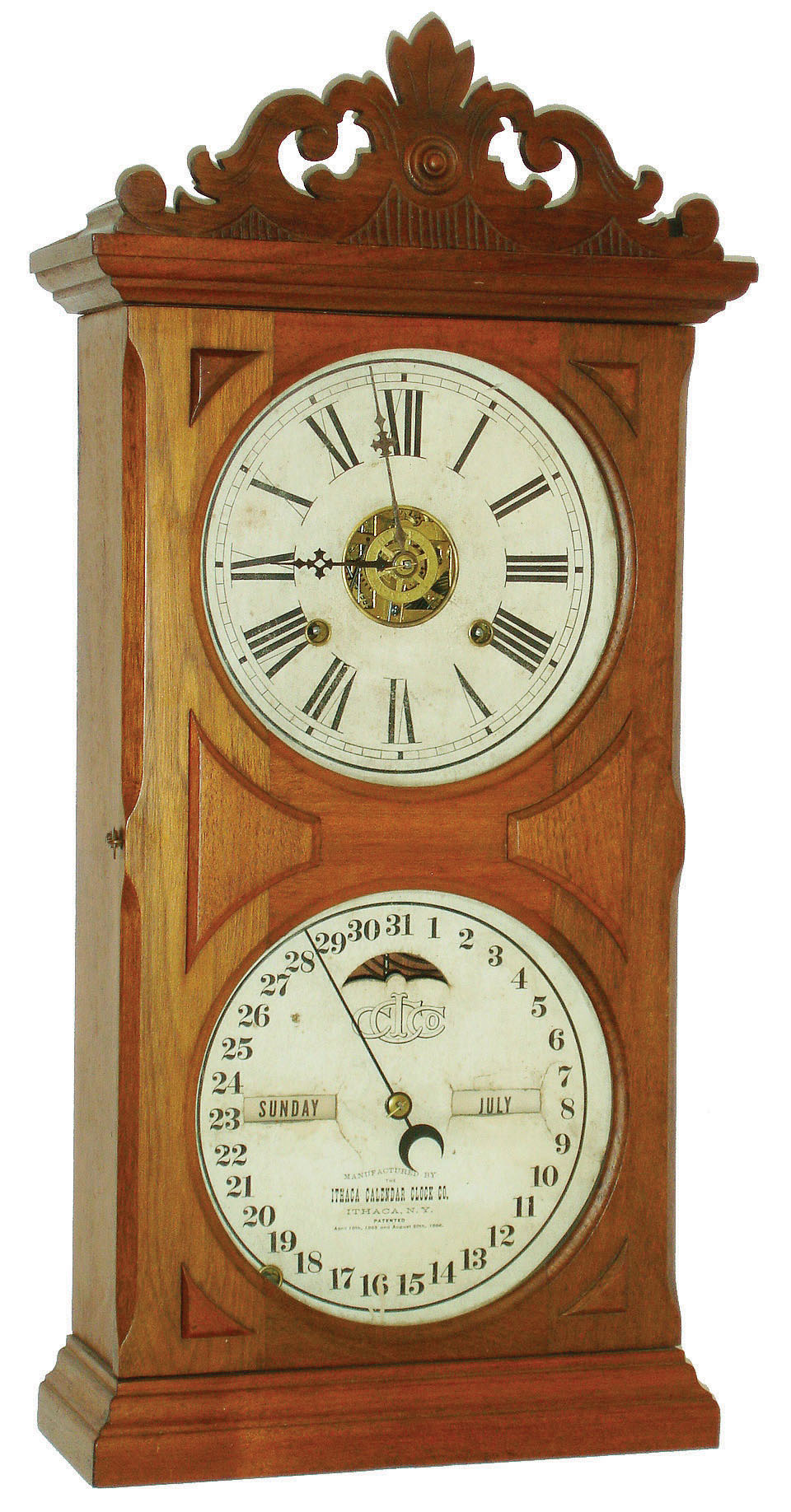 Ithaca Calendar Clock Co., Ithaca, New York, "No. 10 Farmer's" 8 day, time, strike and alarm double dial calendar shelf clock, c1880 — Antique Clocks Price Guide