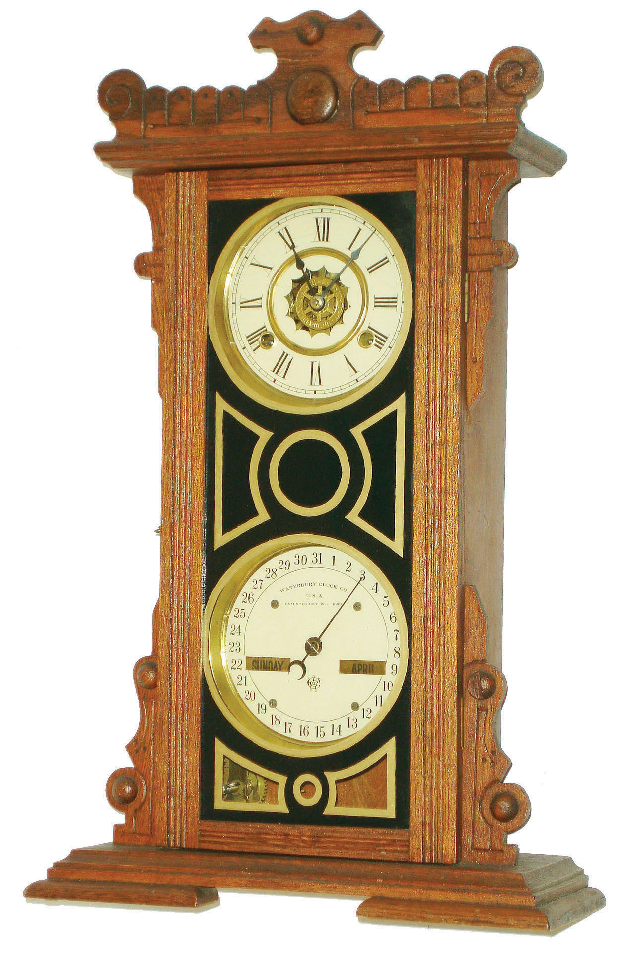 Waterbury Clock Co., Waterbury, Conn., "Calendar No. 44" 8 day, time and strike double dial calendar shelf clock, c1891 — Antique Clocks Price Guide