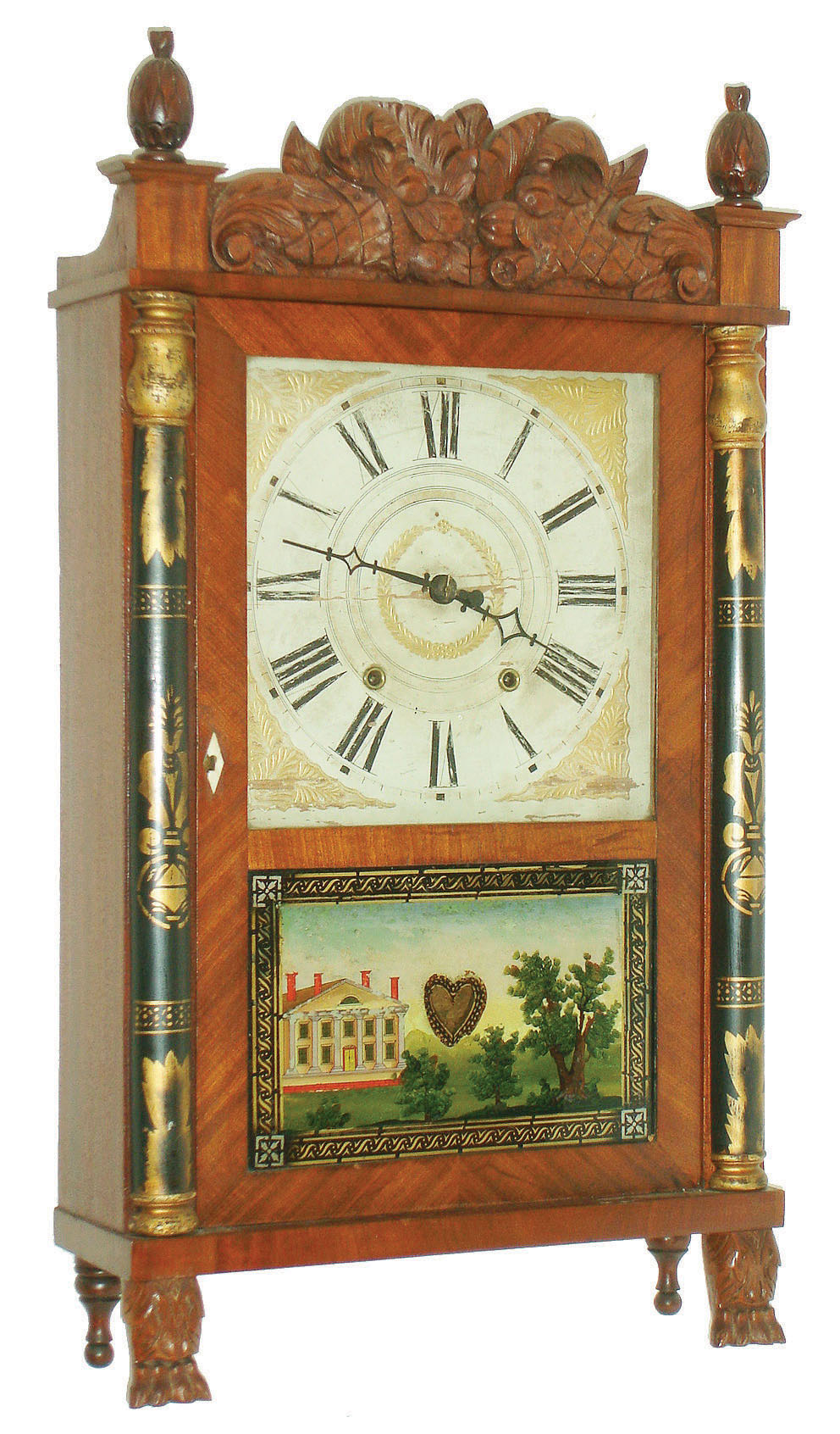 Mitchell and Atkins, Bristol, Conn., 30 hour time and strike weight wood movement half column and carved splat shelf clock.  c.1831. — Antique Clocks Price Guide