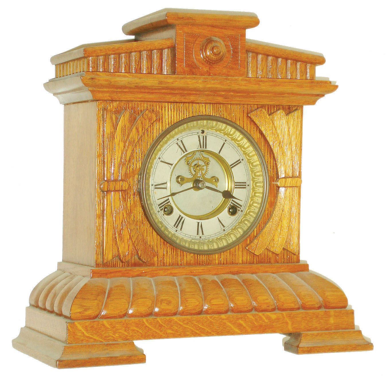 Waterbury Clock Co., Waterbury, Conn.,  "Taylor", 8 day, time and strike oak mantel clock with open escapement, c1893 — Antique Clocks Price Guide
