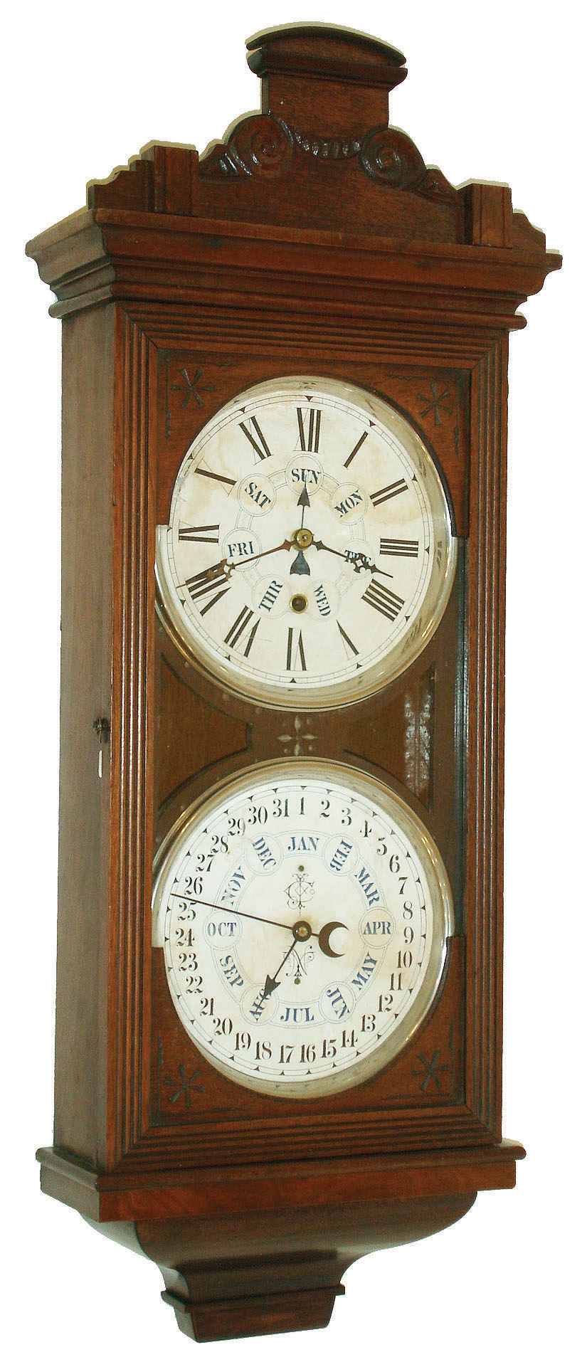 Jerome &amp; Co., (New Haven Clock Co.),  "Register" 8 day, double dial perpetual calendar wall clock, c1880 — Antique Clocks Price Guide