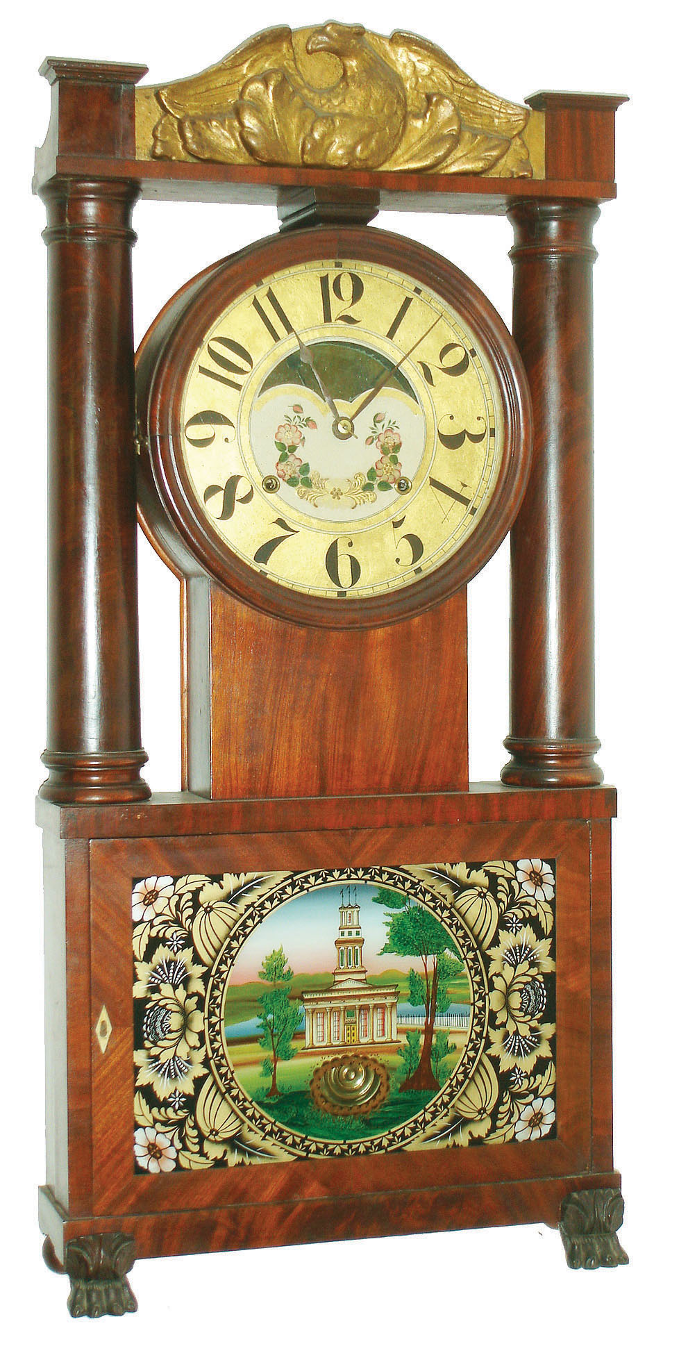 George Marsh, Bristol, Conn.,  8 day, time and strike weight strap brass movement hollow column empire shelf clock, c1831 This very rare clock houses an Ives designed movement and was most likely made at the Birge shop and sold by Marsh as the label states it was made for George Marsh.  A similar example can be found in "The Contributions of Joseph Ives to Connecticut Clock Technology 1810-1862" by Kenneth D. Roberts, 2nd ed. pg. 107. — Antique Clocks Price Guide