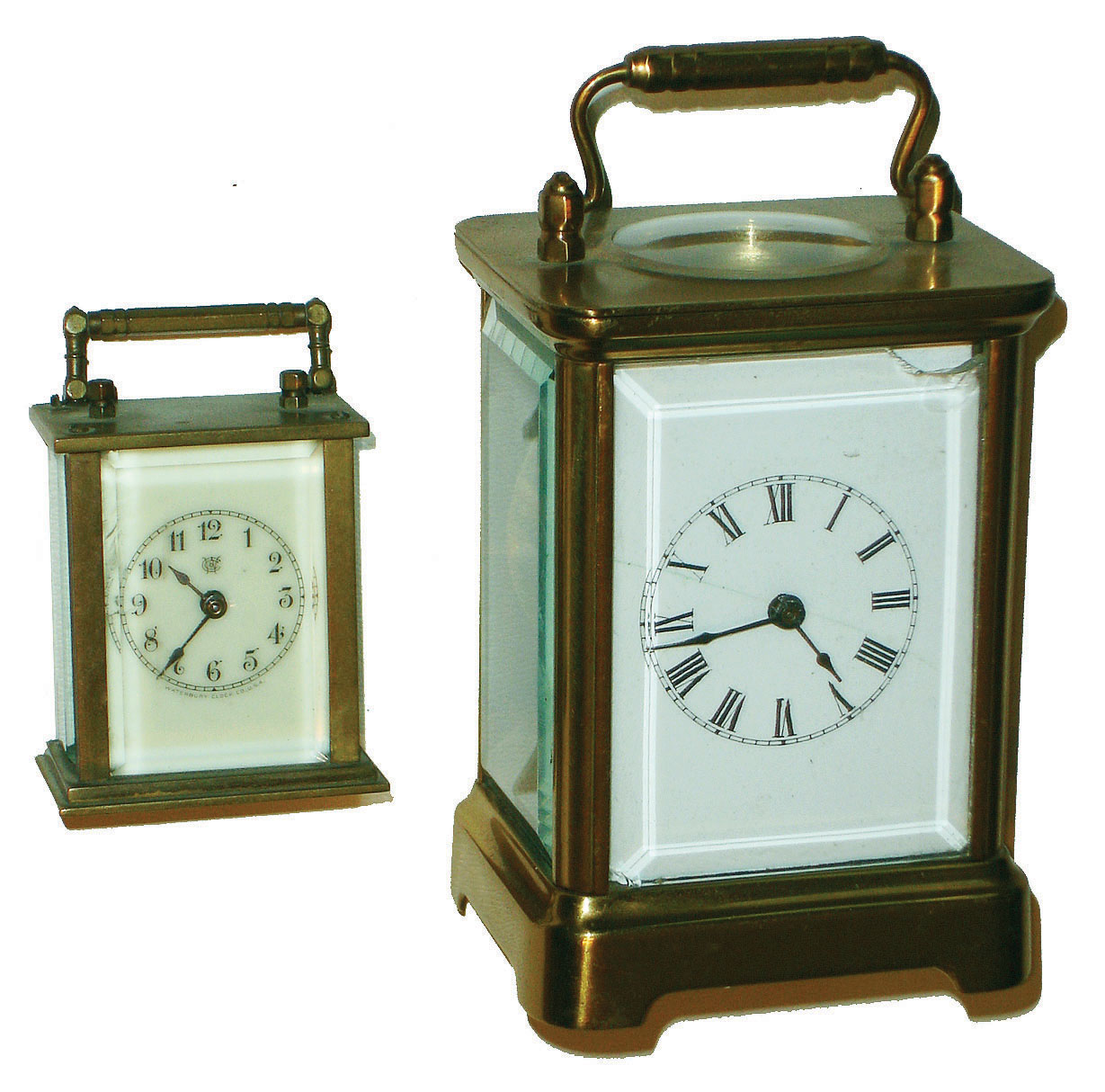 Clocks- 2 (Two) Waterbury Clock Co., Waterbury, Conn., brass and glass time only carriage clocks: "Speck" 30 hour; "Sage" 8 day; c1906 — Antique Clocks Price Guide