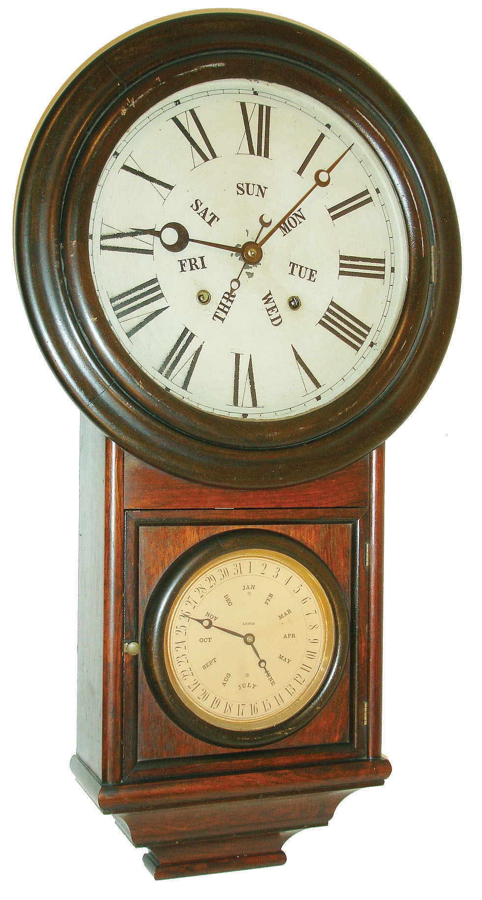 Welch, Spring &amp; Co., Forestville, Conn., " Round Head Regulator No. 4" 8 day, time and strike double dial BB Lewis calendar wall clock. — Antique Clocks Price Guide