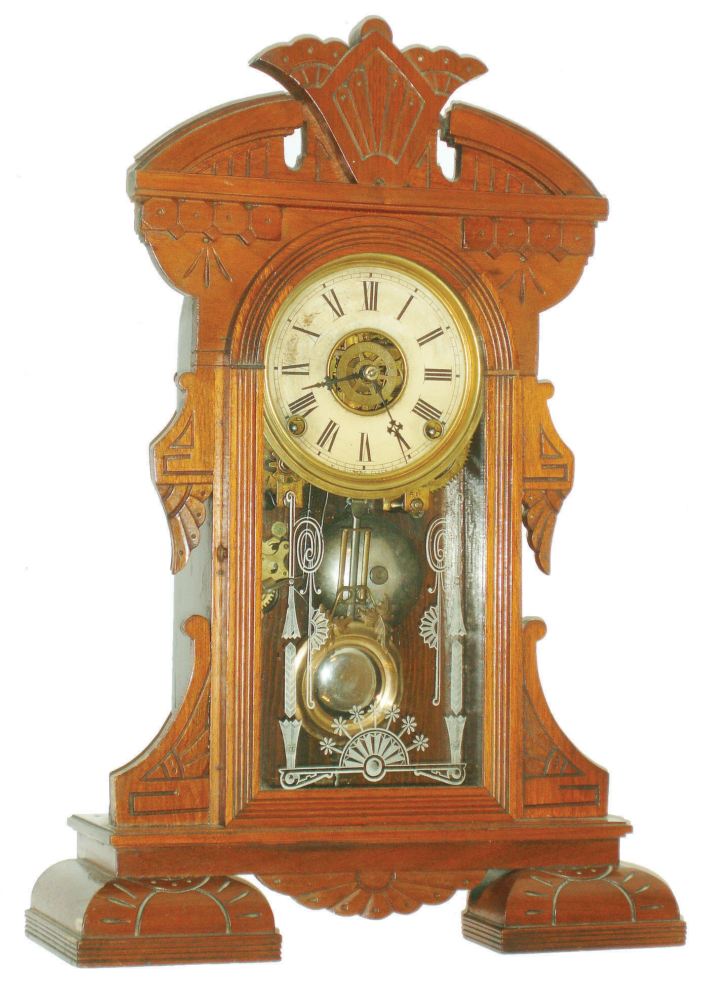 William L. Gilbert Clock Co., Winsted, Conn., "Stork", 8 day, time, strike and alarm walnut mantel clock, c1885 — Antique Clocks Price Guide