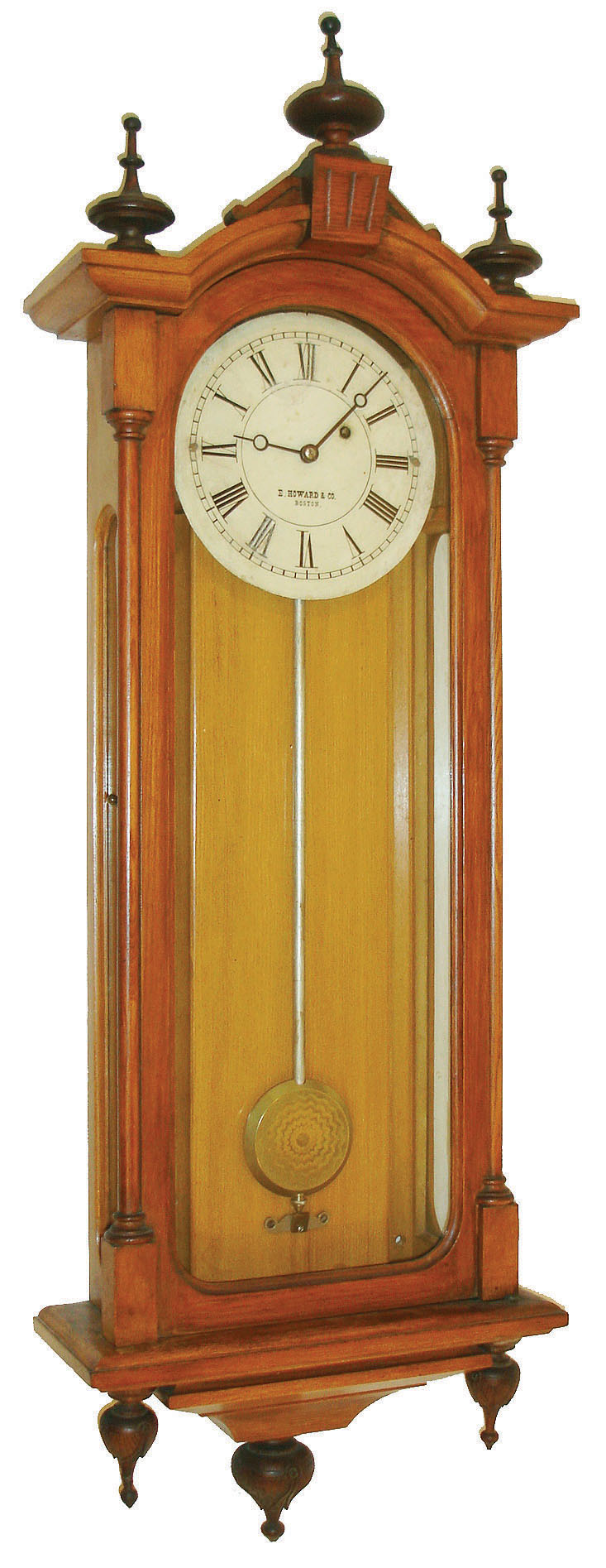E. Howard &amp; Co., Boston, Mass., "No. 59-8 Regulator" Viennese style wall clock, 8 days, time only, weight driven movement in an oak case with 8" painted metal dial, c1890 — Antique Clocks Price Guide