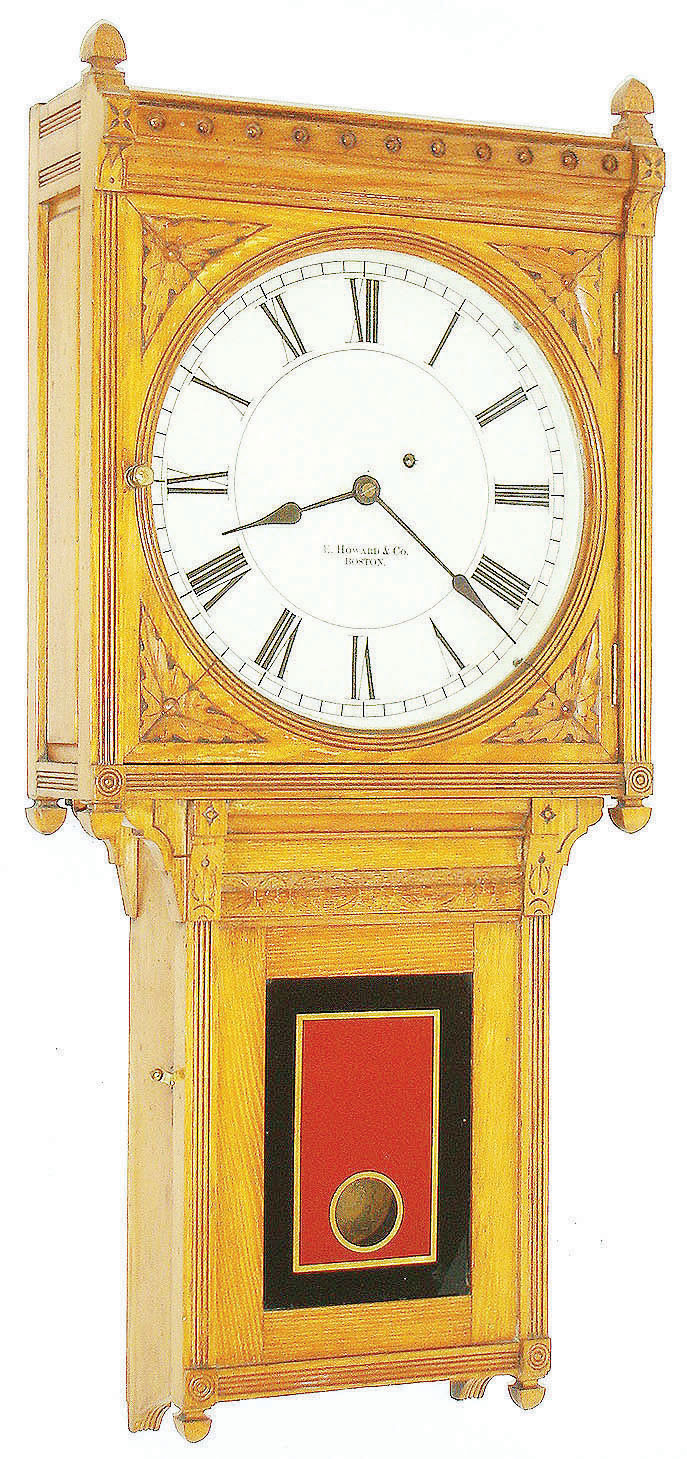 E. Howard &amp; Co., Boston, Mass., "No. 75 Regulator" wall clock, 8 days, time only, weight driven movement in an oak case with painted metal dial and reverse painted tablet, c1900 — Antique Clocks Price Guide