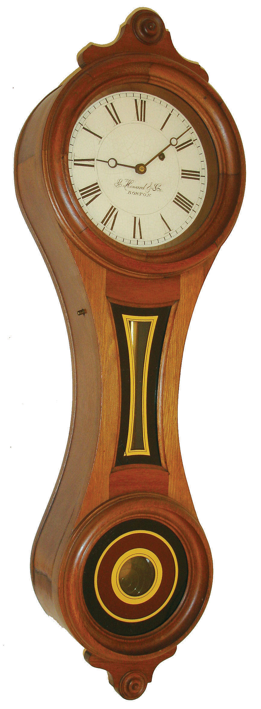 E. Howard &amp; Co., Boston, Mass., "No. 10 Regulator" figure eight wall clock, 8 days, time only, weight driven movement in a walnut case with painted iron dial and reverse painted tablets, c1880 — Antique Clocks Price Guide