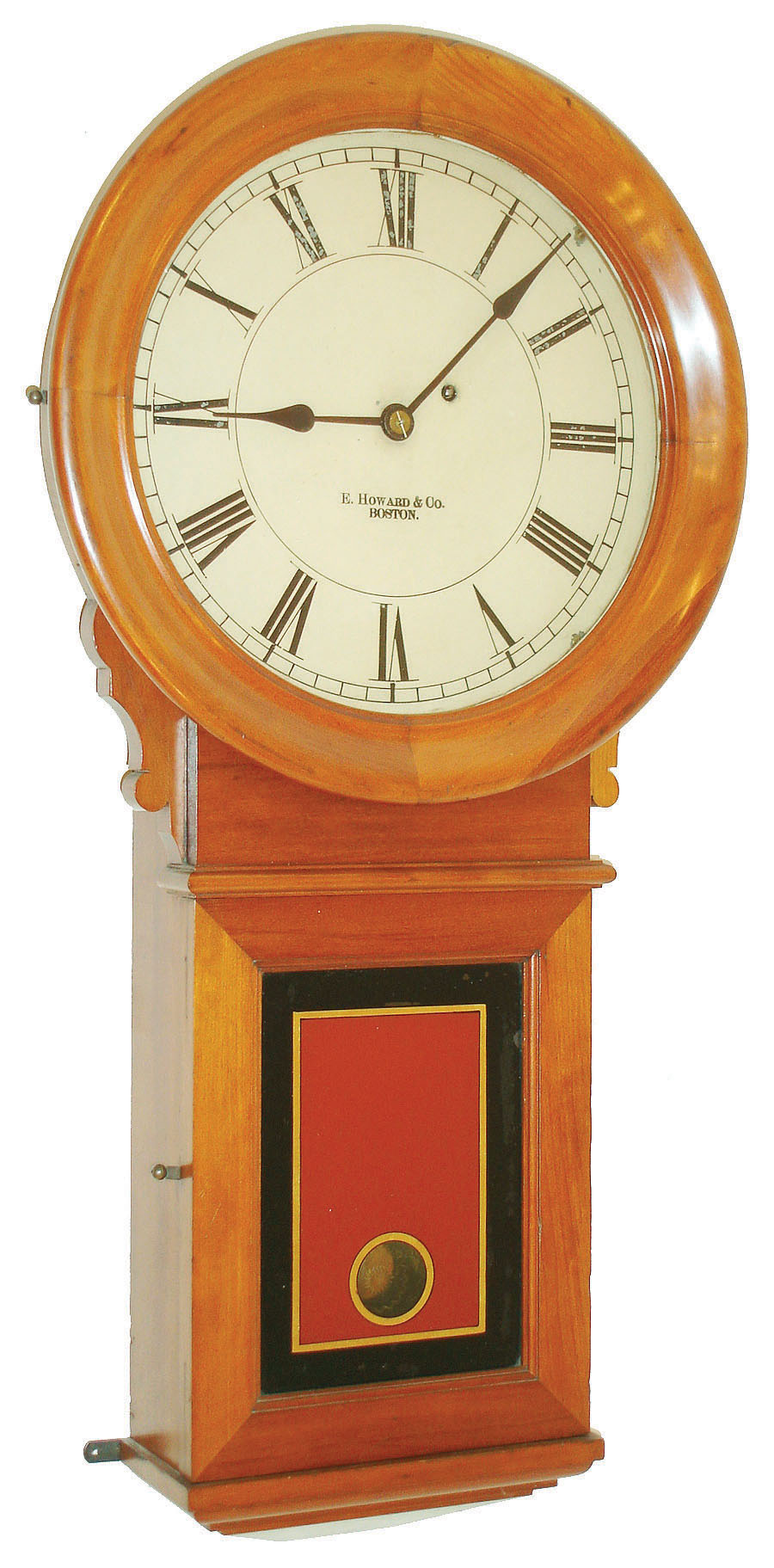 E. Howard &amp; Co., Boston, Mass., "No. 70 Regulator" wall clock, 8 days, time only, weight driven movement in a cherry case with painted metal dial and reverse painted tablet, c1910 — Antique Clocks Price Guide