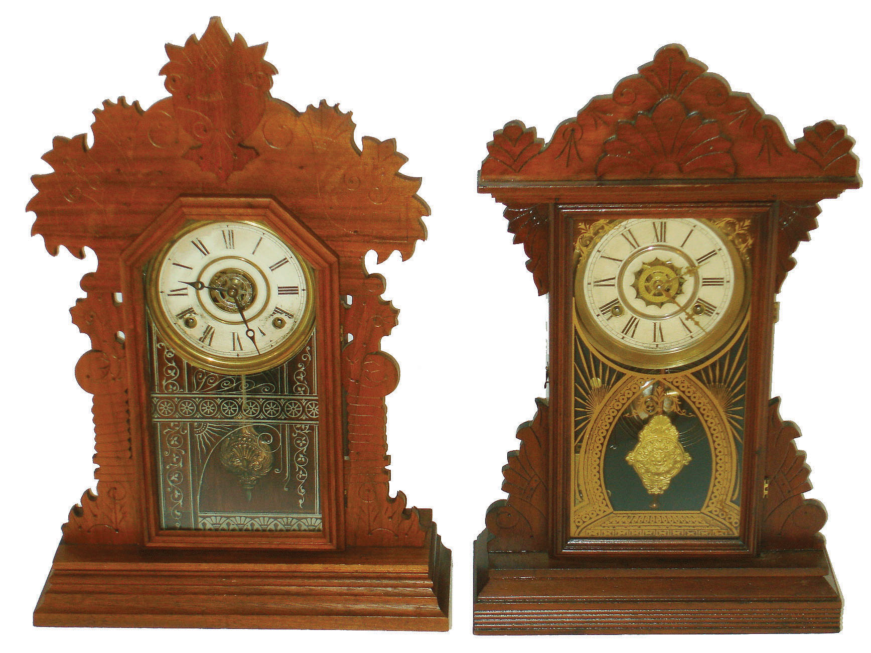Clocks- 2 (Two): an E. Ingraham &amp; Co., "Sun" 8 day, time, strike and alarm mantel clock, c1891 and a Waterbury Clock Co., time, strike and alarm mantel clock, c1890 — Antique Clocks Price Guide
