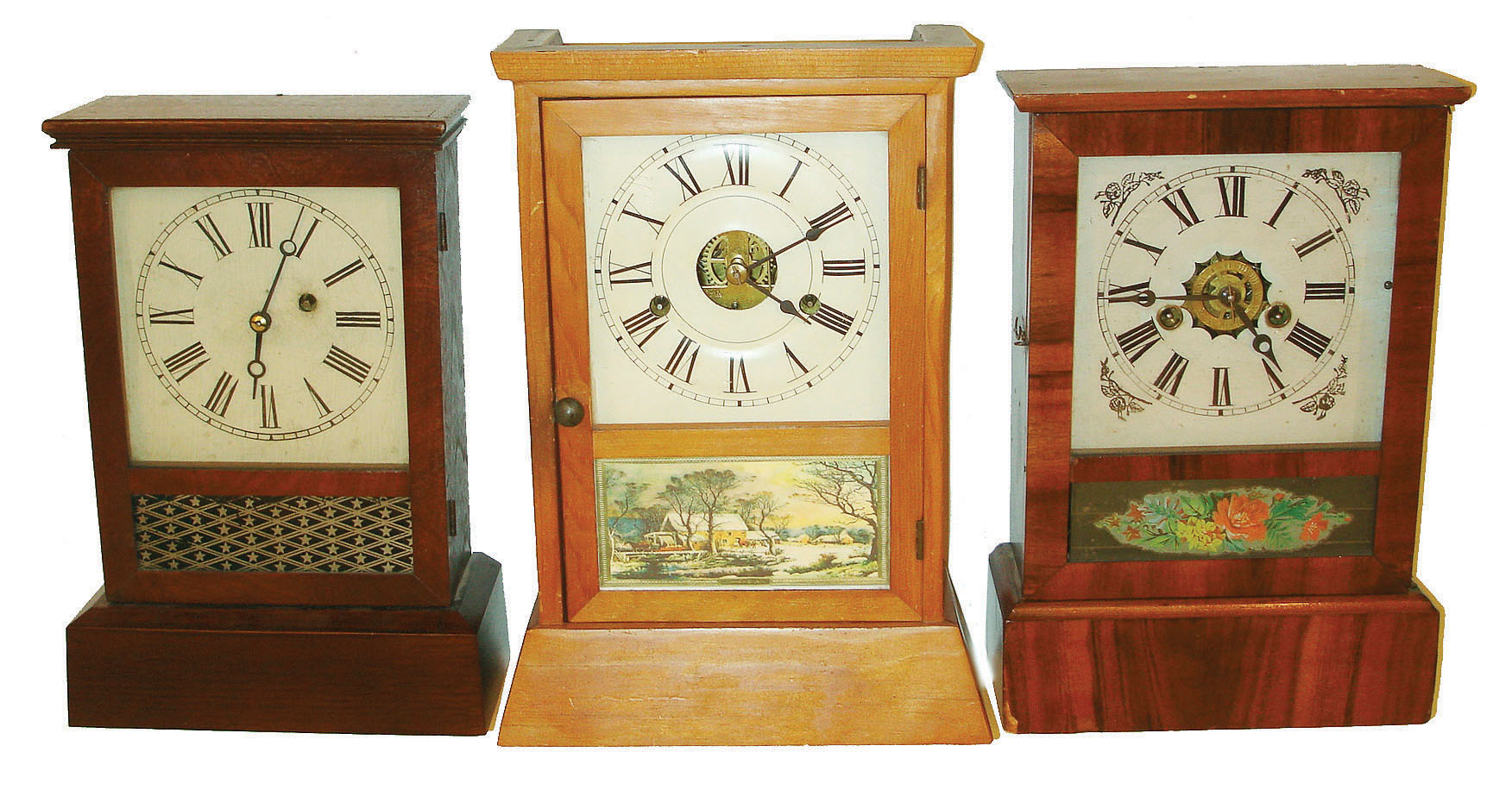 Clocks- 3 (Three) cottage clocks: (1) An E.N. Welch 30 hour time, strike and alarm cottage clock, (2) A Seth Thomas 30 hour time and strike cottage clock (now less veneer) and (3) an unmarked 30 hour cottage timepiece — Antique Clocks Price Guide