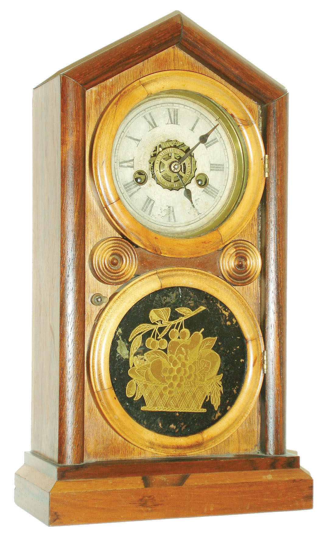 Clocks- 2 (Two) E. Ingraham &amp; Co., Bristol:  (1) "Doric",  30 hour time, strike and alarm and (2) "Venetian" 8 day time and strike shelf clock. — Antique Clocks Price Guide