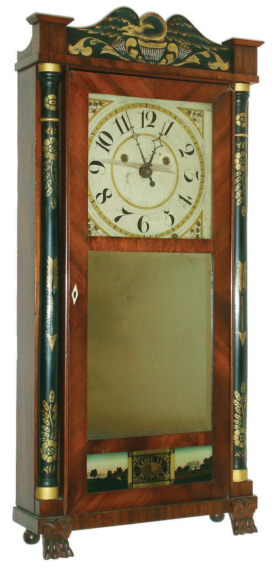 Silas Hoadley, Plymouth, Conn., 30 hour, time, strike and alarm weight upside down wood movement "Franklin" half column &amp; splat shelf clock.  c.1830 — Antique Clocks Price Guide