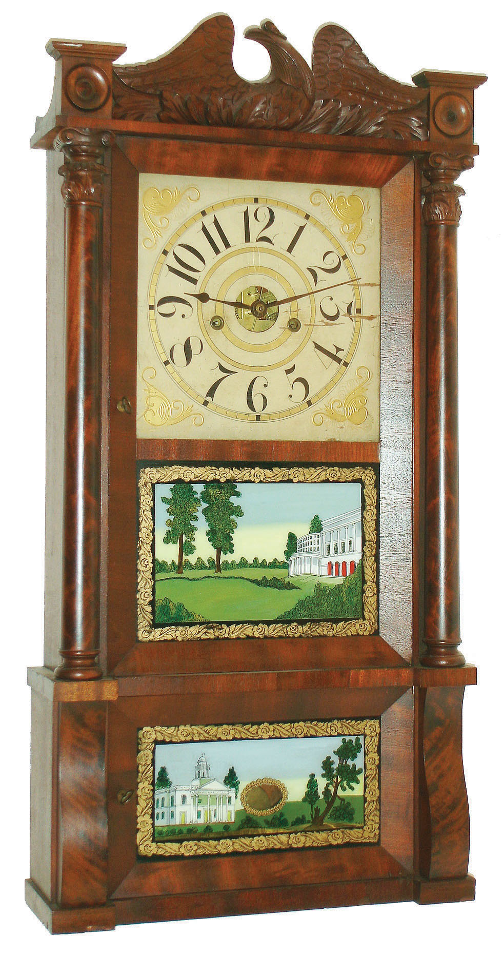 Forestville Mfg. Co., Forestville, Conn., 8 day, time and strike double decker shelf clock with full columns and carved eagle splat, c1845 — Antique Clocks Price Guide