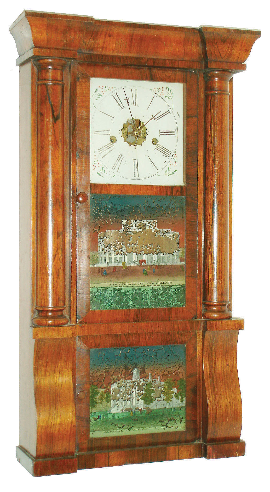 E.N. Welch Mfg. Co., 8 day, time and strike rosewood veneered column &amp; cornice shelf clock, c1865 — Antique Clocks Price Guide