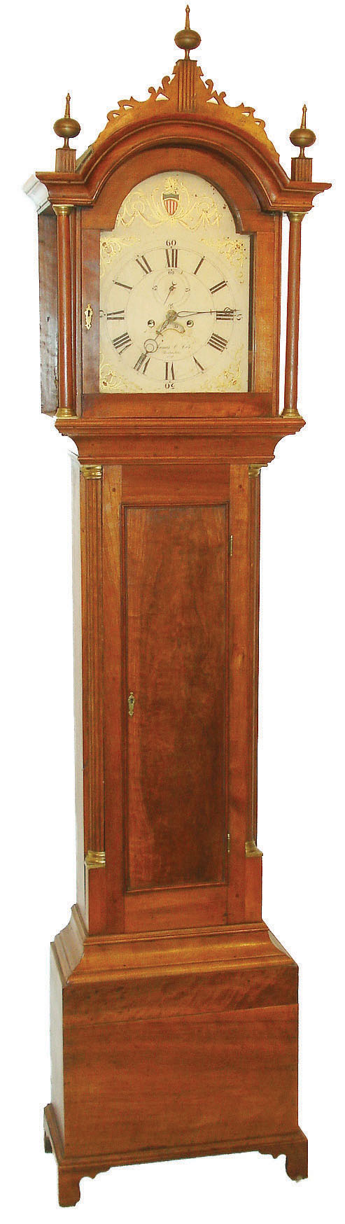 James C. Cole, Rochester, NH, tall clock, 8 days, time, strike and calendar, weight driven brass movement with typical New Hampshire cut outs in a cherry case with applied bracket base and an American painted iron dial, c1815 — Antique Clocks Price Guide
