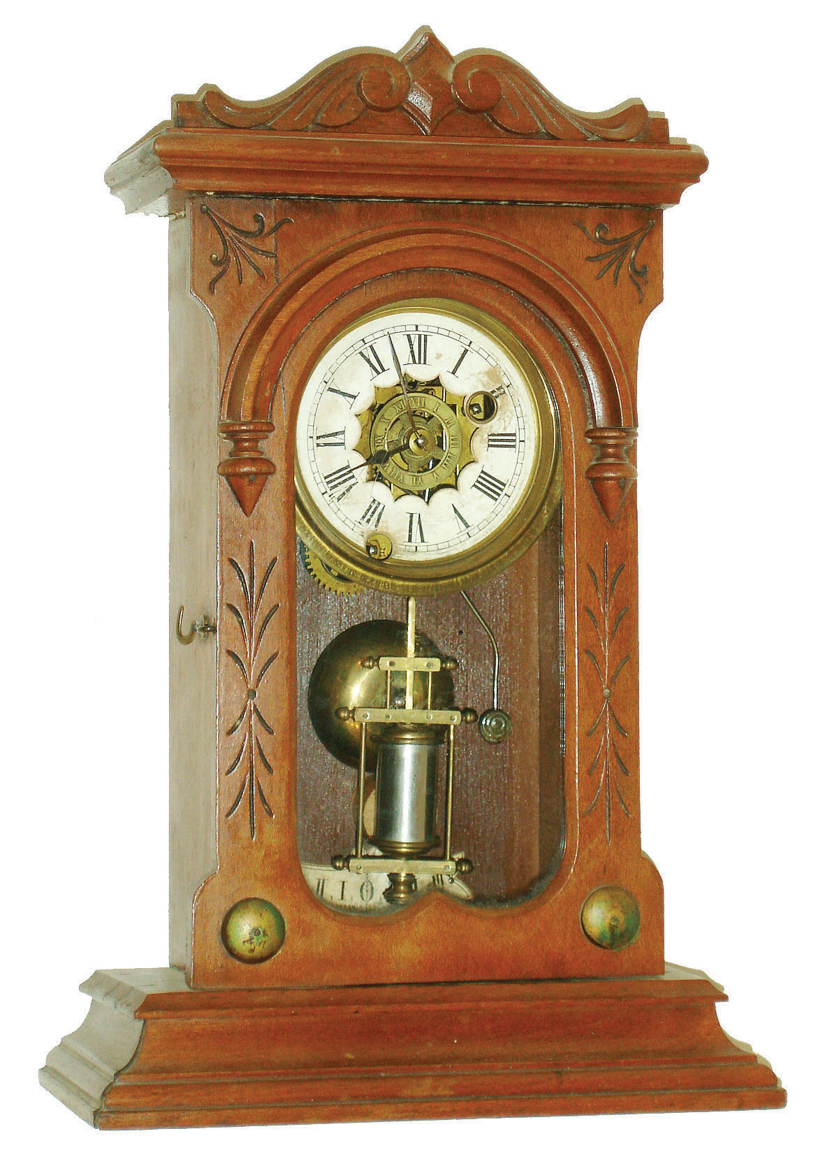 Ansonia Clock Co. Ansonia, Conn., 30 hour small time and alarm mantel clock.  We could not find this specific model in the catalog. — Antique Clocks Price Guide